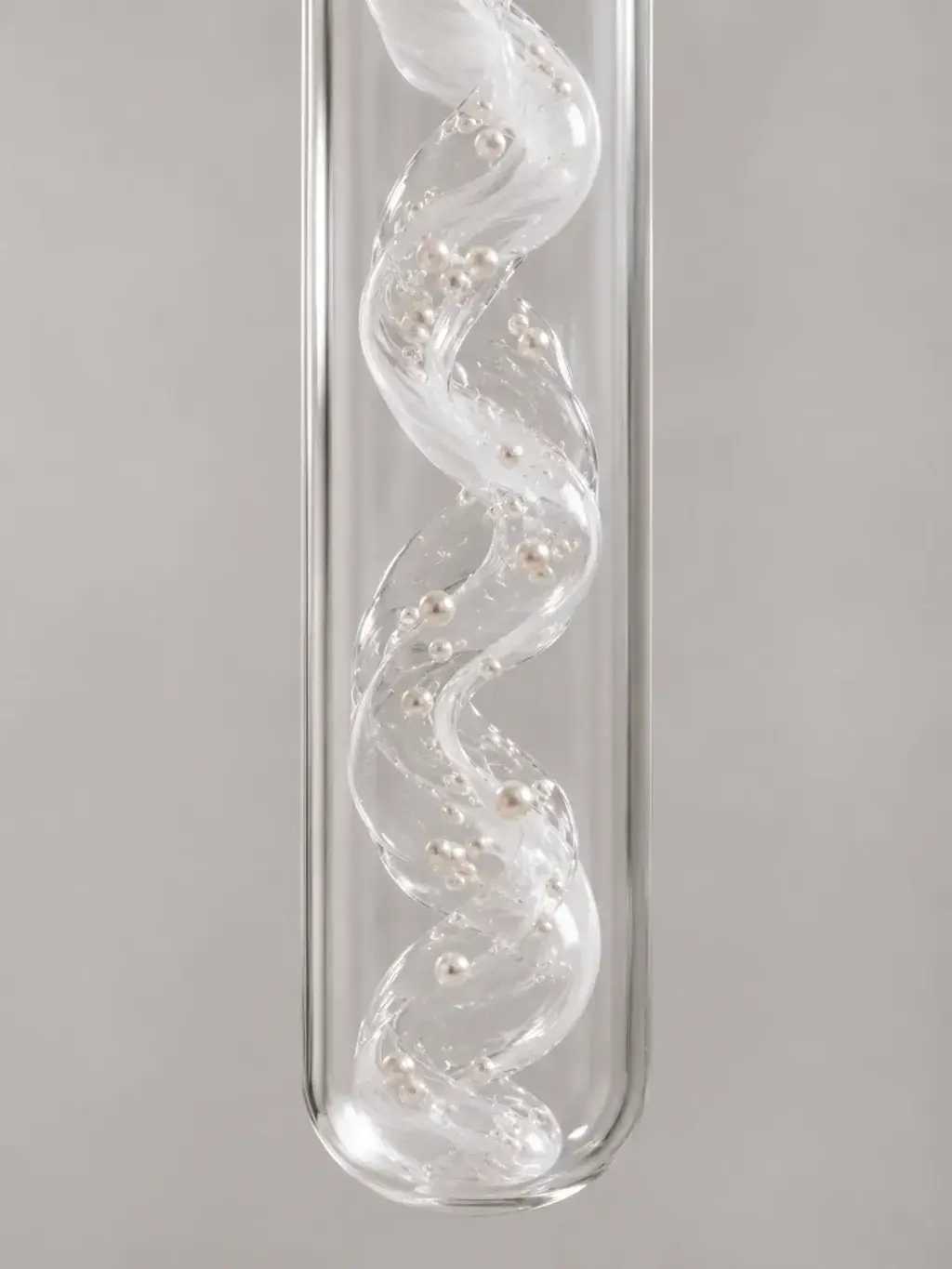 Tube en verre renfermant une spirale hélicoïdale en verre avec perles, structure ADN nacrée