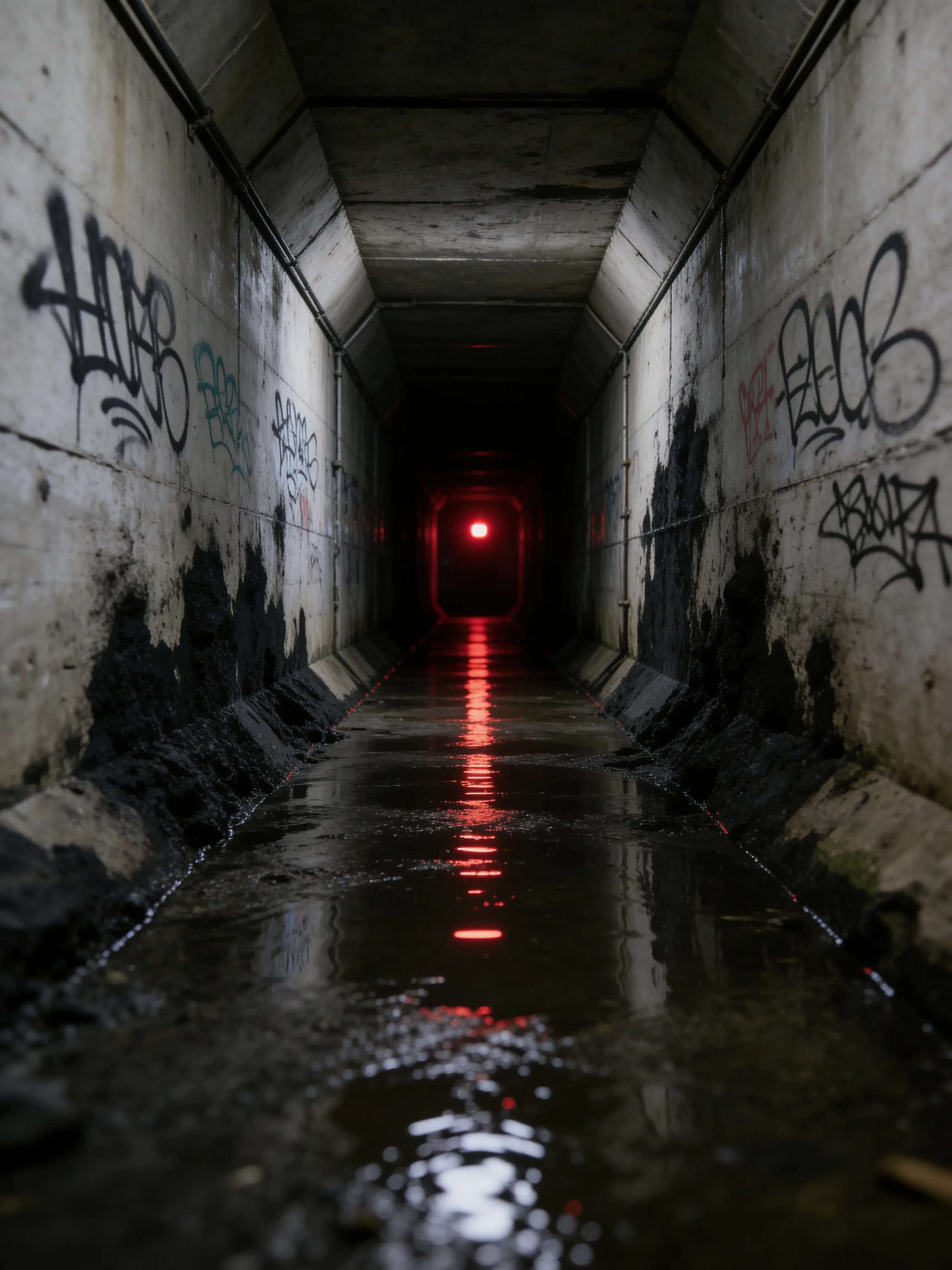 Tunnel béton avec graffs et tags menant vers un point lumineux rouge au loin, sol inondé