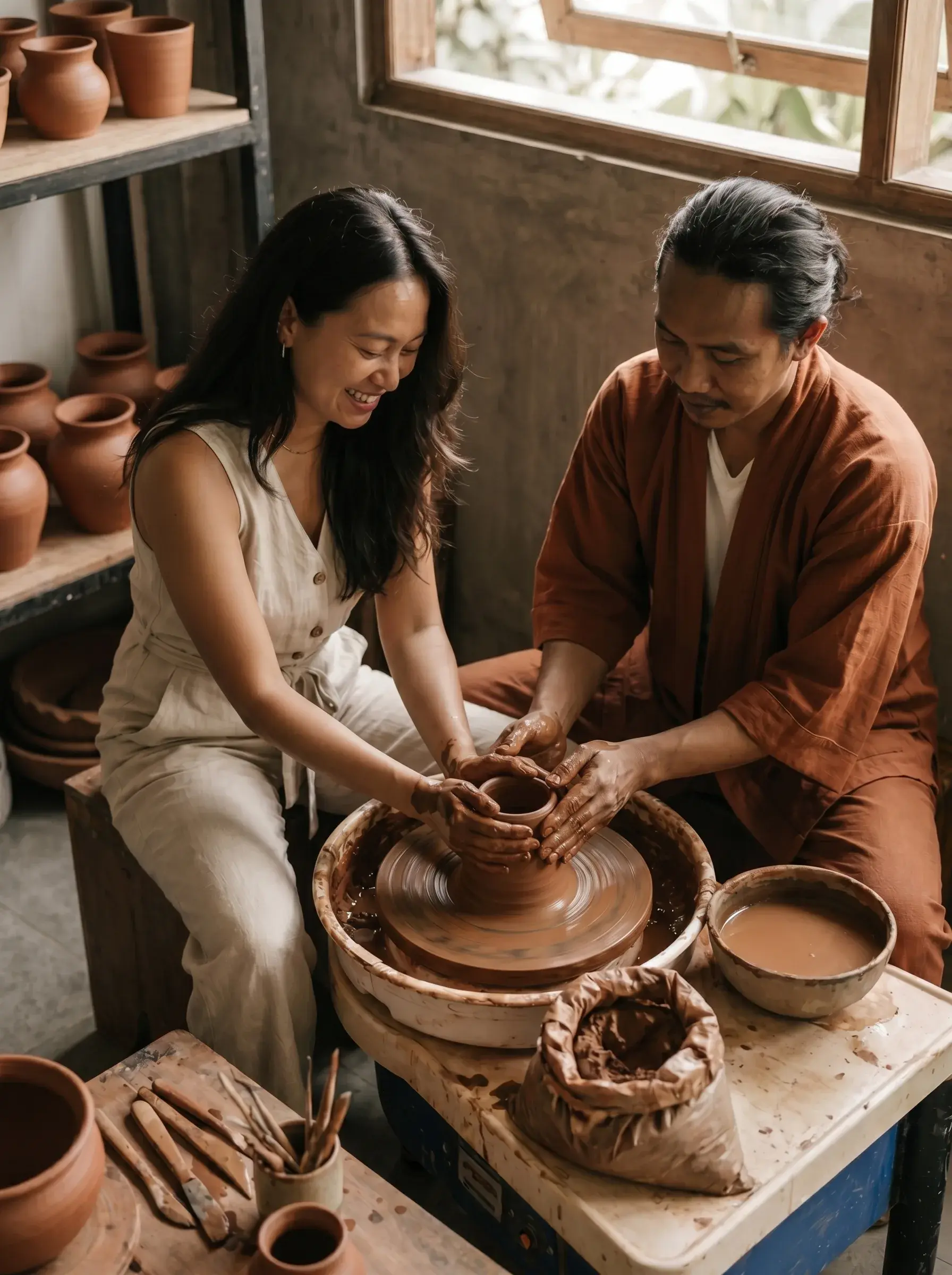 Un homme donnant un cours de poterie à une femme dans un atelier