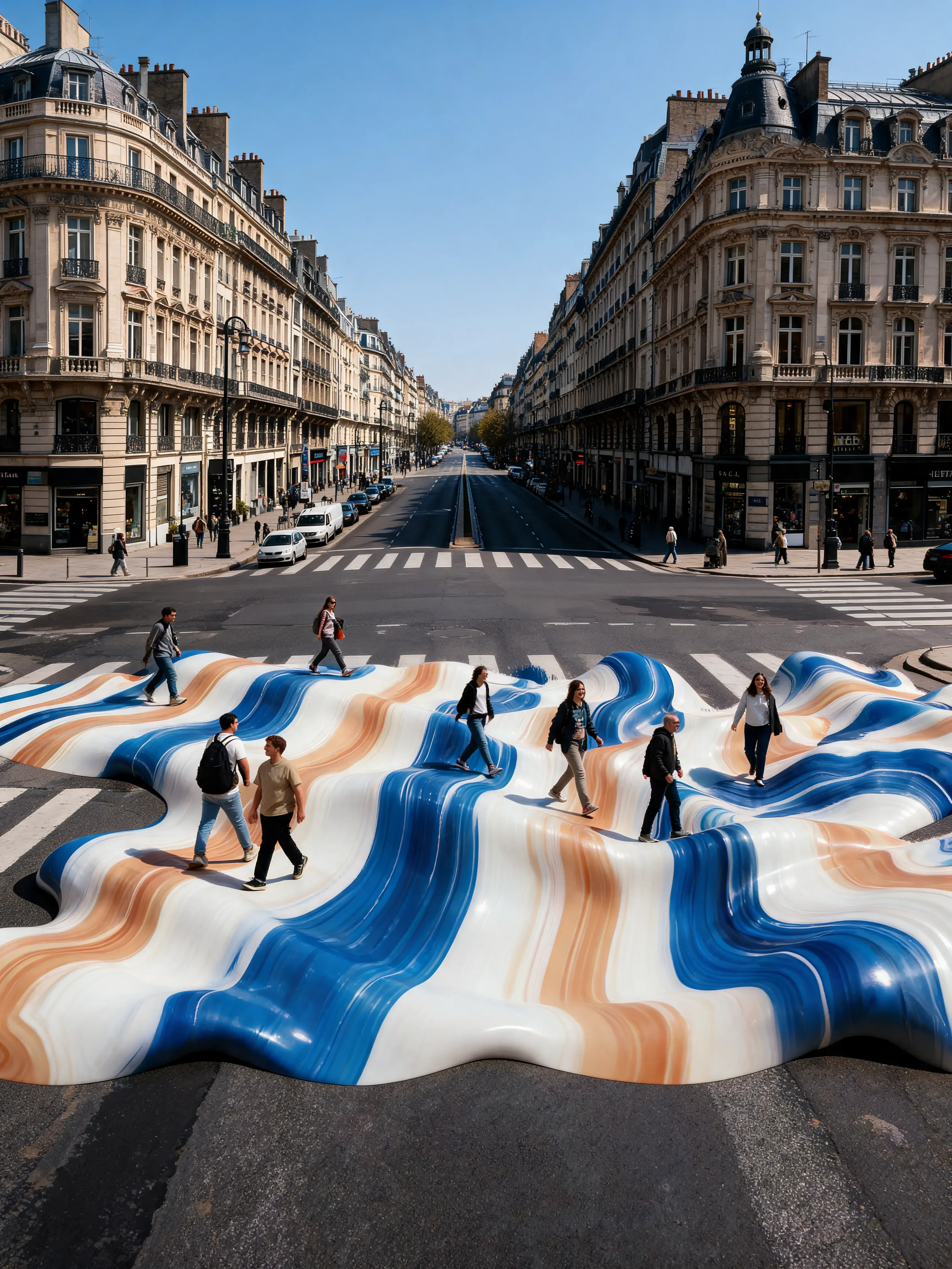 Vague de matière marbré géante sur avenue haussmannienne – passants marchant dessus, Paris