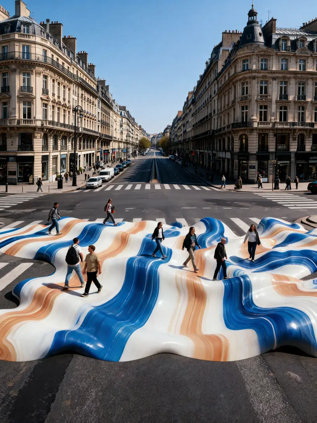 Vague de matière marbré géante sur avenue haussmannienne – passants marchant dessus, Paris