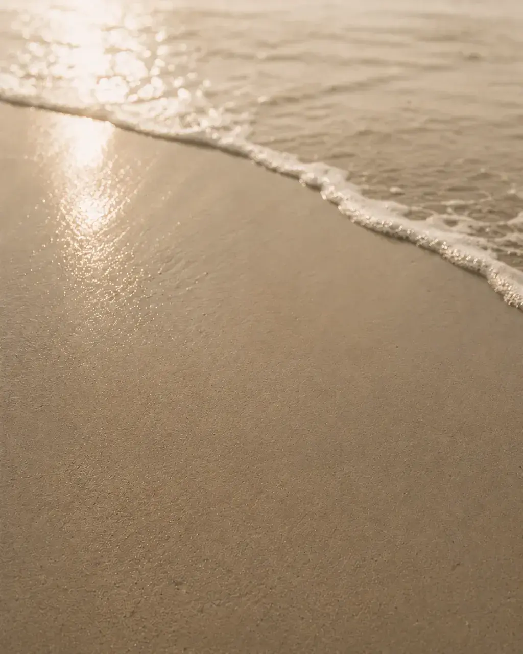 Vague douce sur sable de plage avec reflet solaire – sable mouillé, écume, lumière dorée