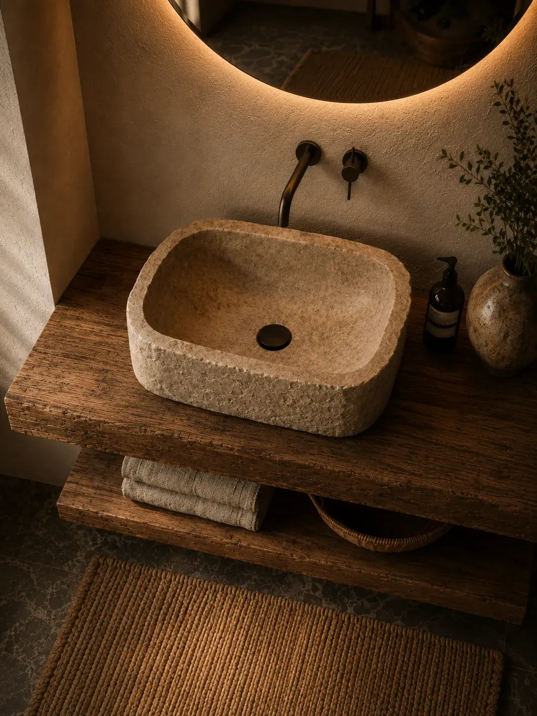 Vasque en pierre naturelle posée sur plan en bois avec robinetterie métal dans une salle de bain