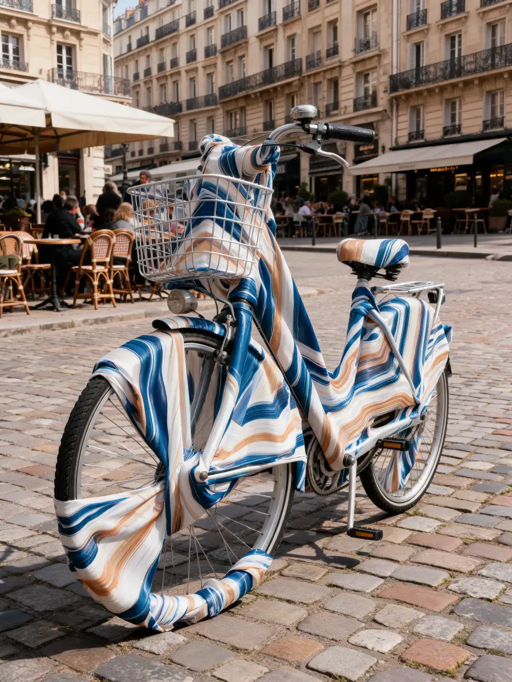 Vélo de ville recouvert de tissu marbré bleu et terracotta – pavés parisiens, terrasse café