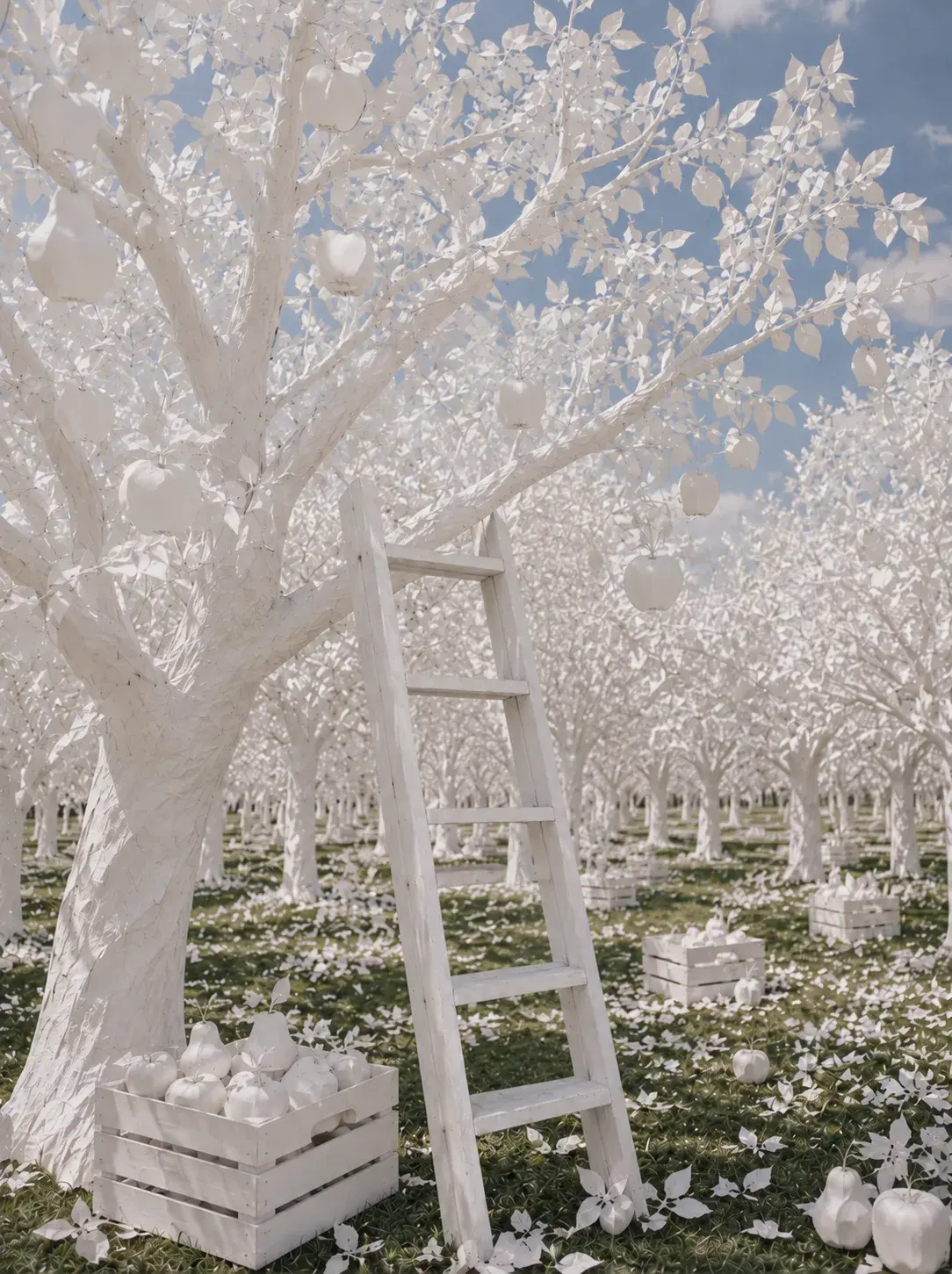 Verger entièrement blanc – arbres, fruits, échelle et caisses monochromes, sans personnage