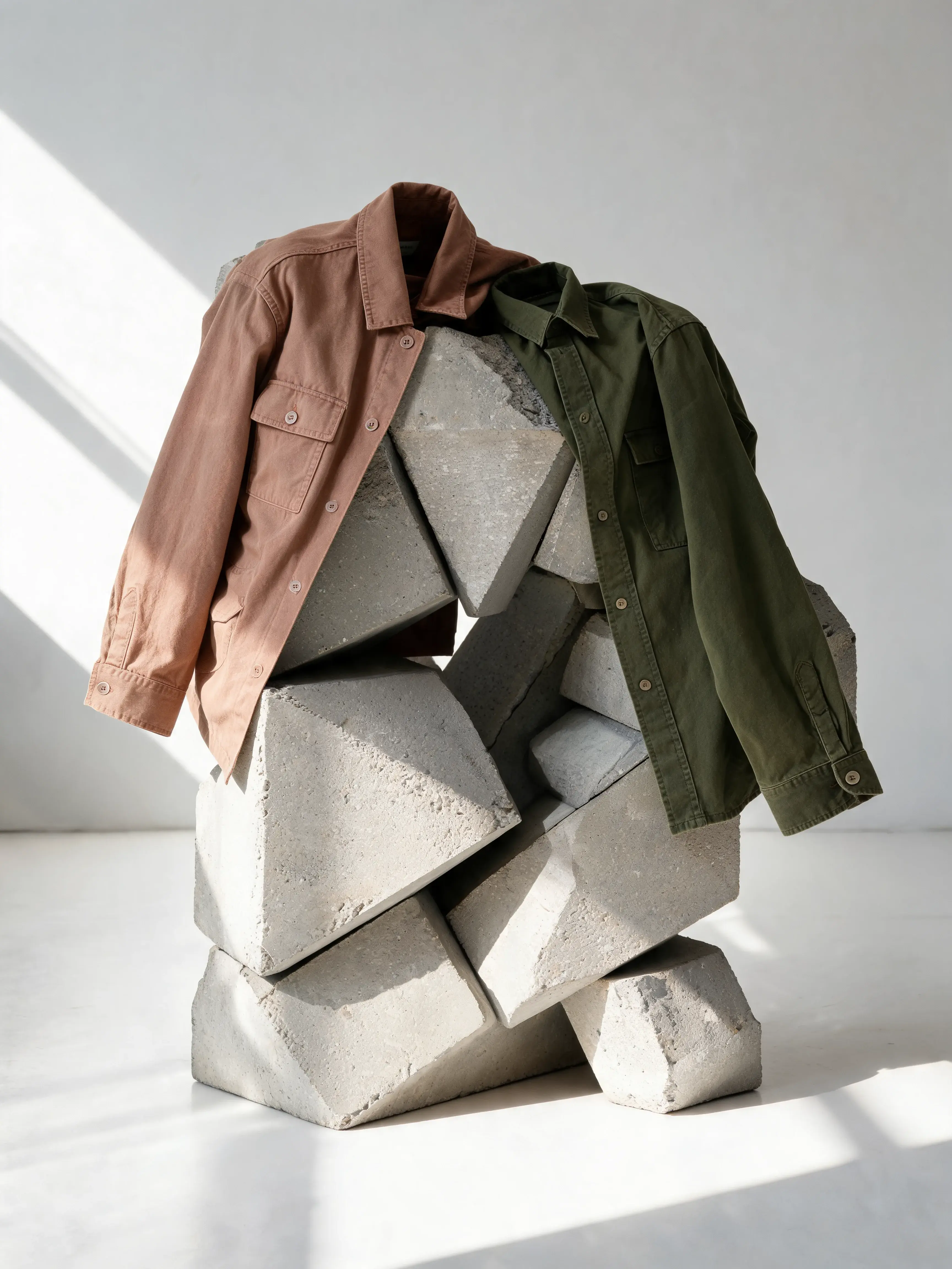 Veste terracotta et veste kaki posées sur sculpture béton angulaire – fond blanc, ombres géométriques