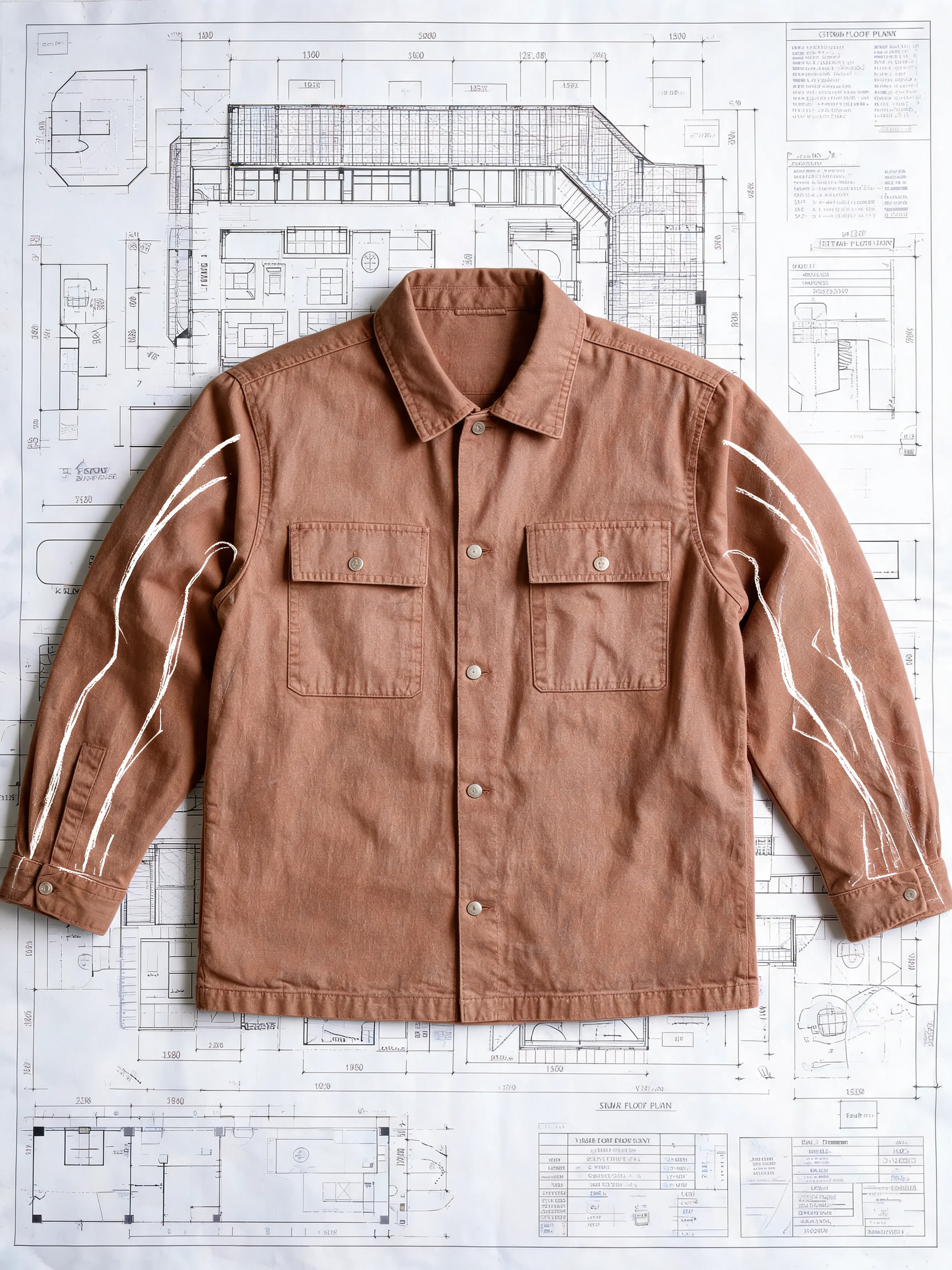 Veste terracotta posée sur plan architectural