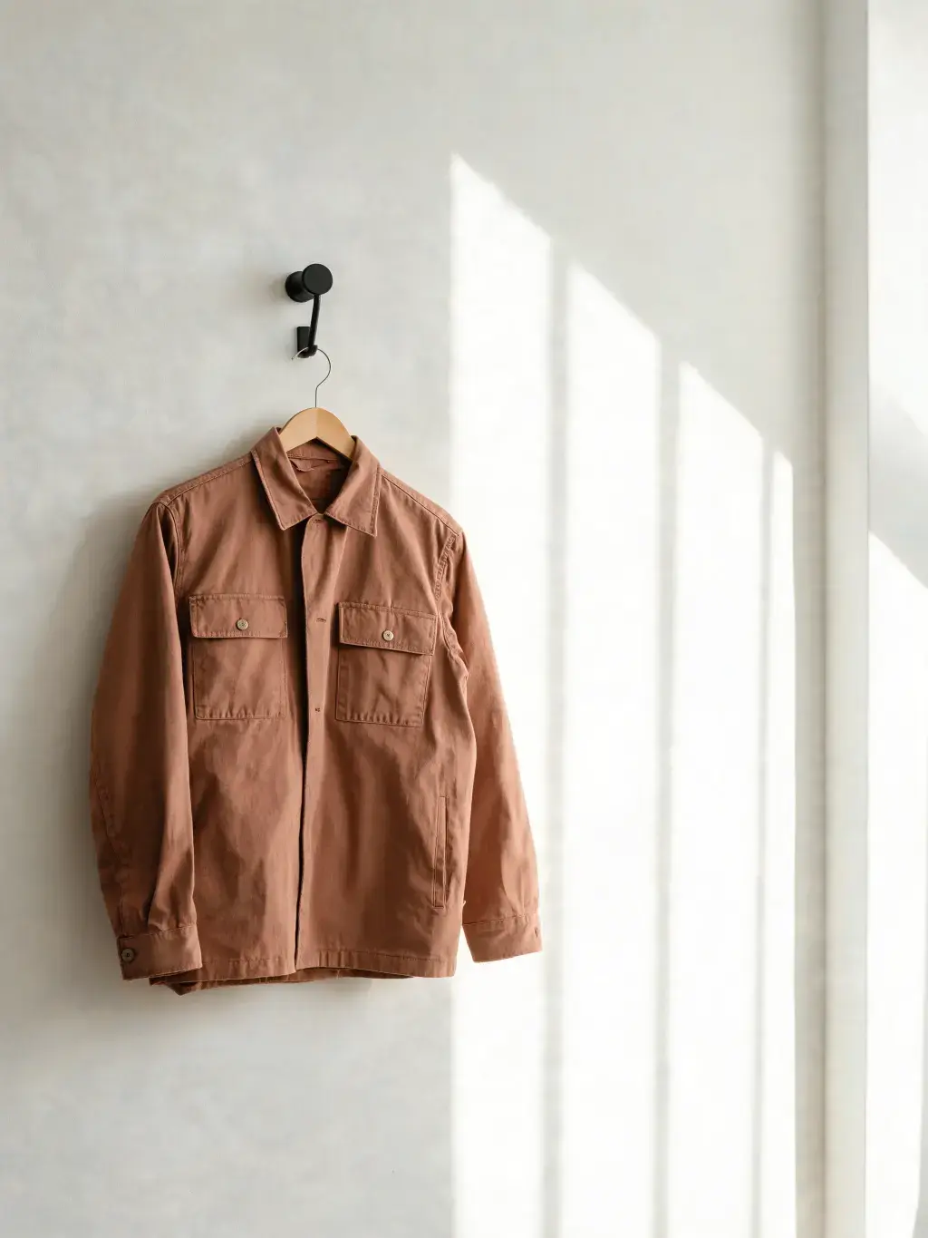 Veste terracotta suspendue patère noire – mur blanc texturé, cintre bois, lumière rasante, ombres