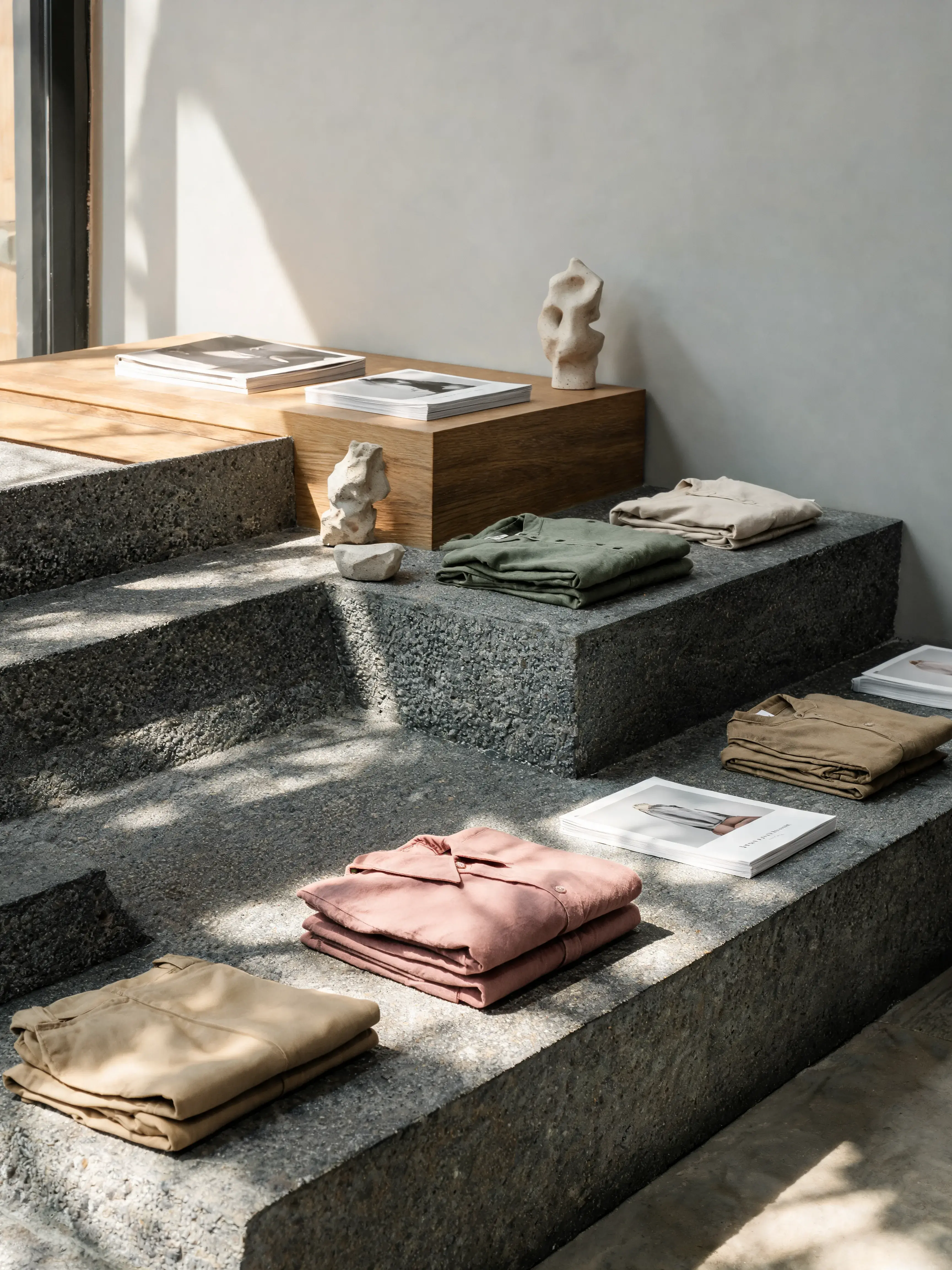 Vêtements pliés sur gradins granit – sculpture organique, livres, lumière naturelle tamisée