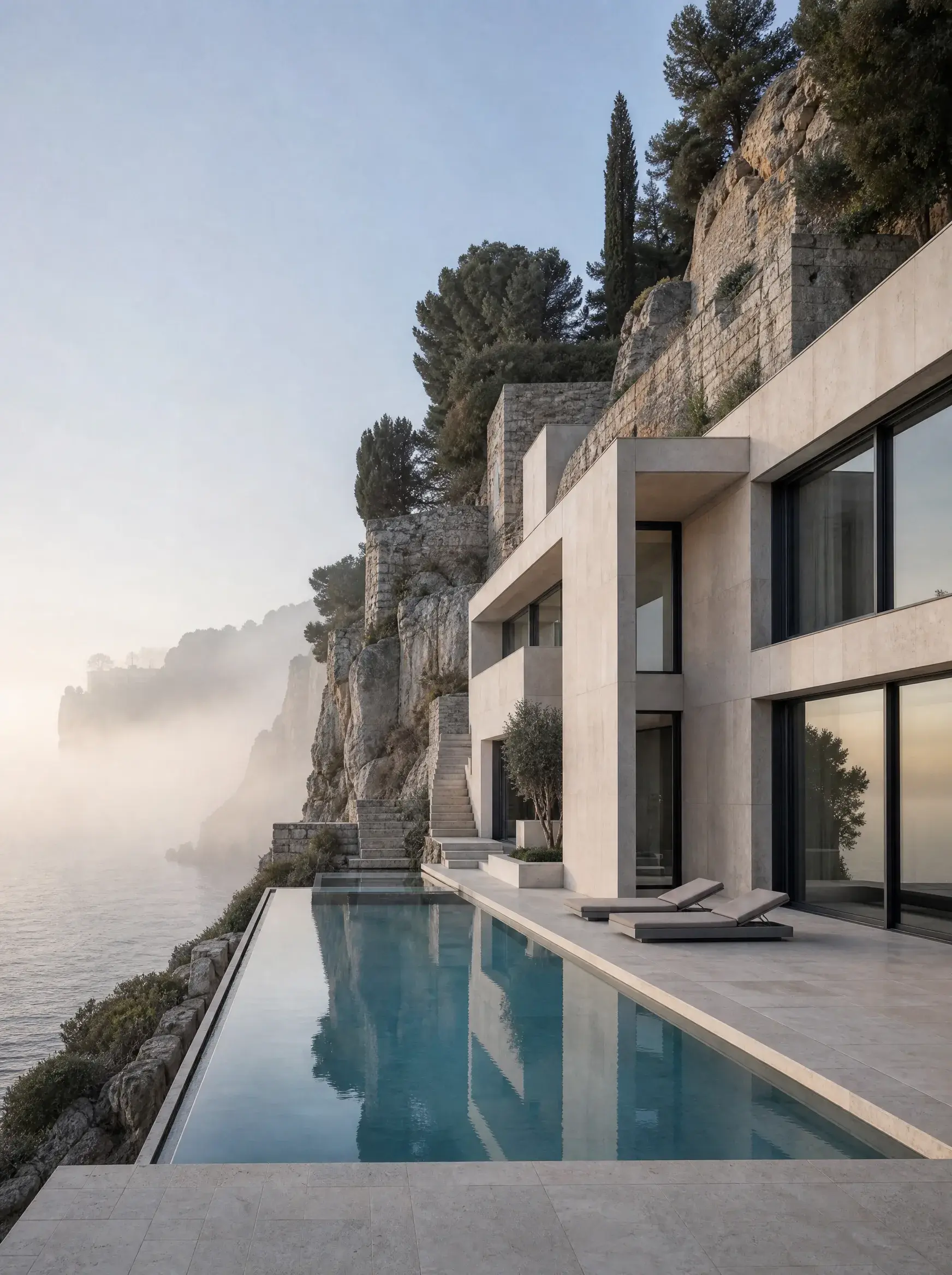 Villa contemporaine de luxe avec piscine à débordement sur falaise rocheuse méditerranéenne dans la brume