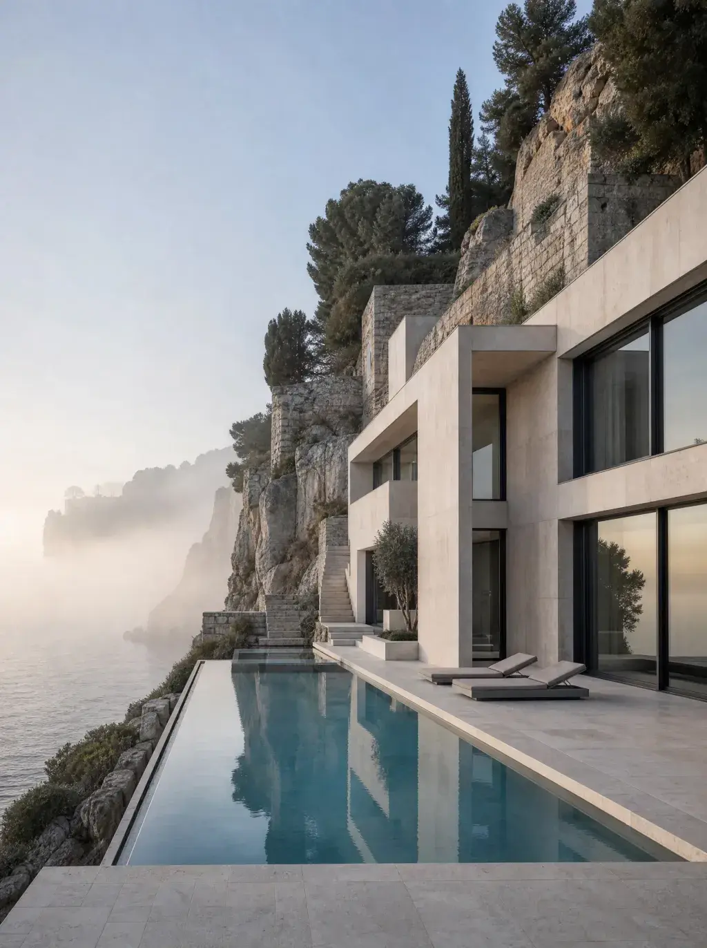 Villa contemporaine de luxe avec piscine à débordement sur falaise rocheuse méditerranéenne dans la brume