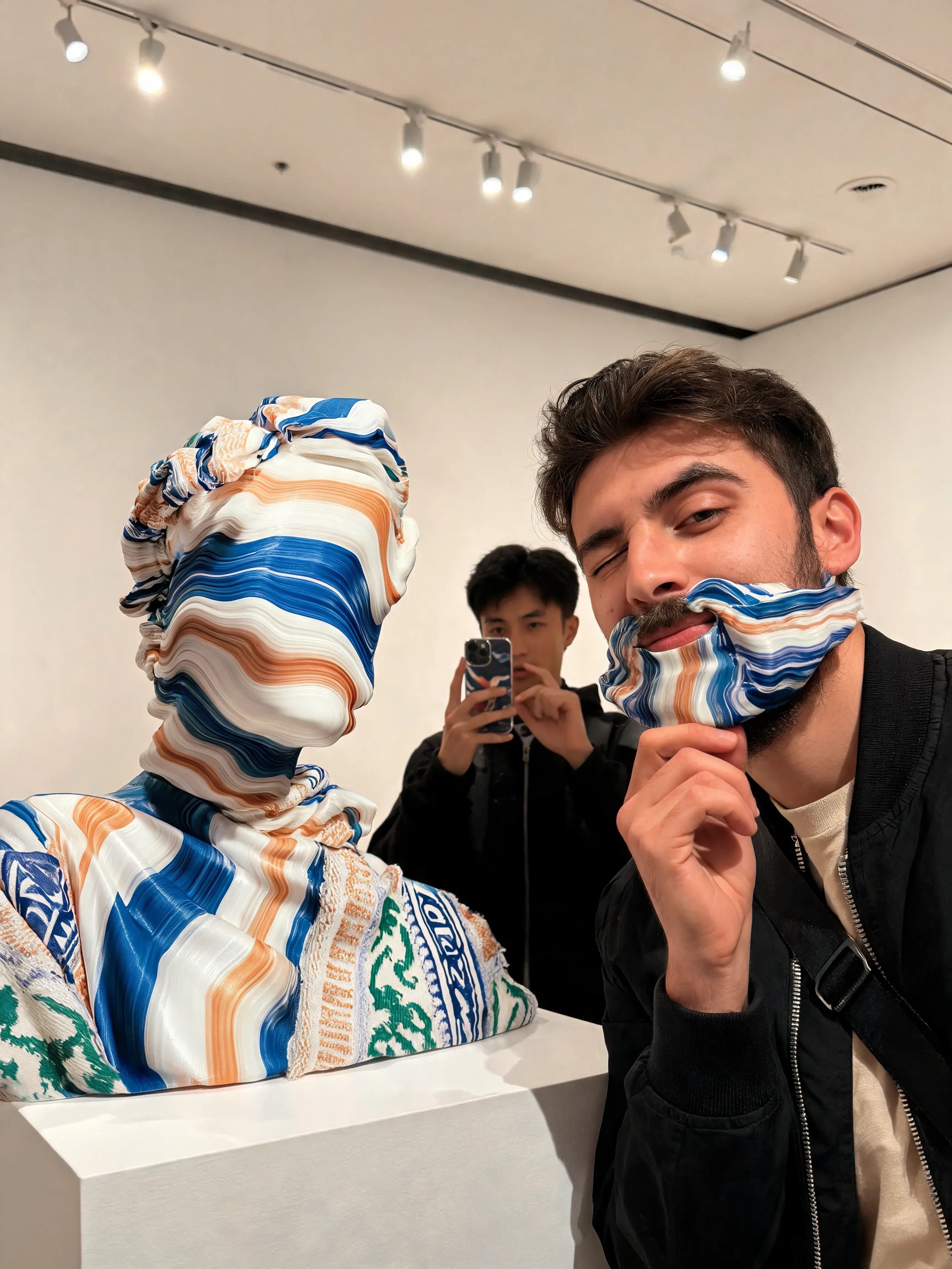 Visiteur posant avec fragment de buste marbré en galerie – selfie, complicité, jeunes adultes