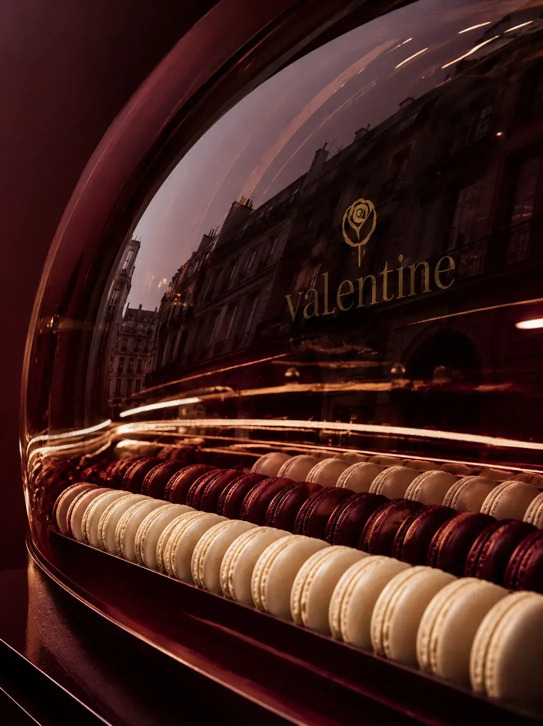 Vitrine cintrée de pâtisserie – rangées de macarons bordeaux et blancs, reflet façade haussmannienne