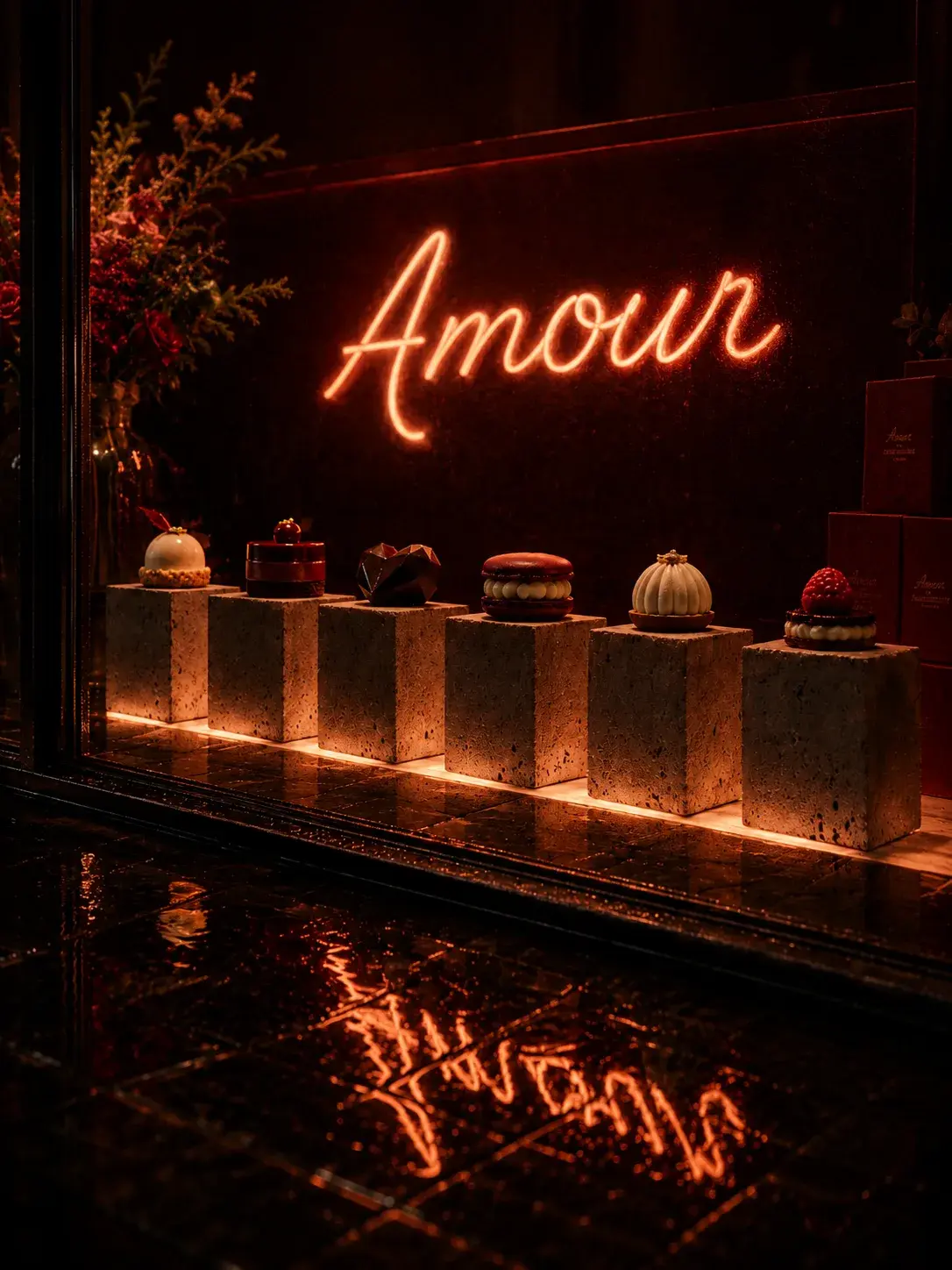 Vitrine nocturne de la Pâtisserie Valentine avec néon Amour et six pâtisseries sur socles béton, reflets sur trottoir humide