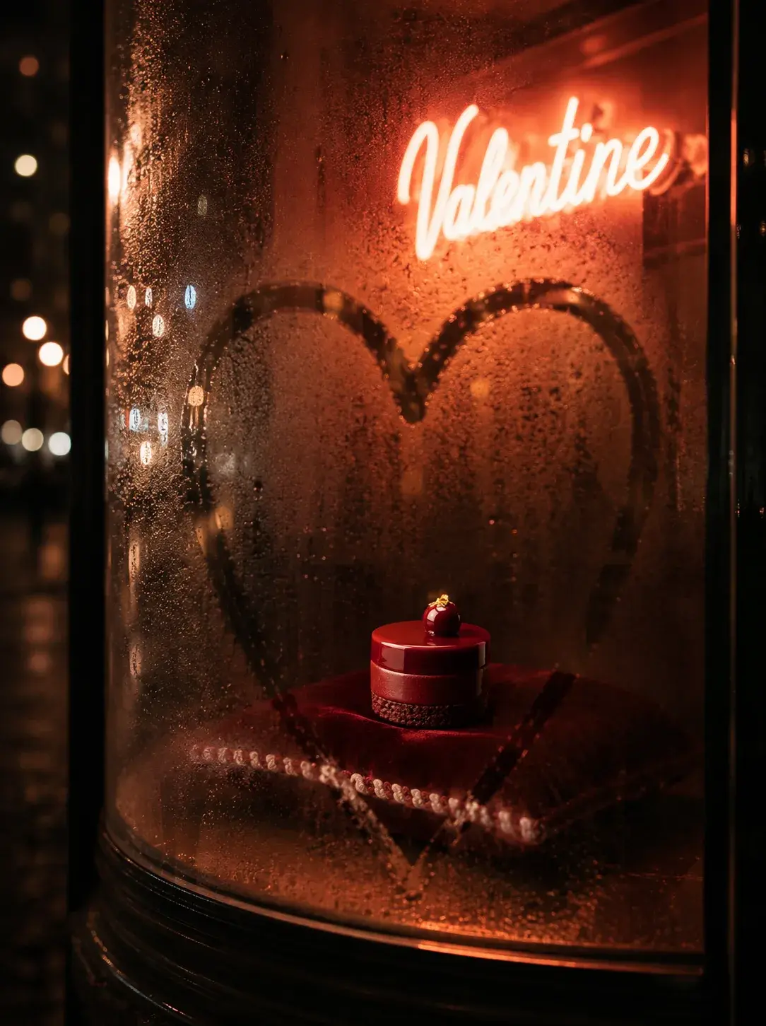 Vitrine pâtisserie la nuit sous la pluie – cœur sur vitre condensée, gâteau bordeaux, néon rouge, Paris