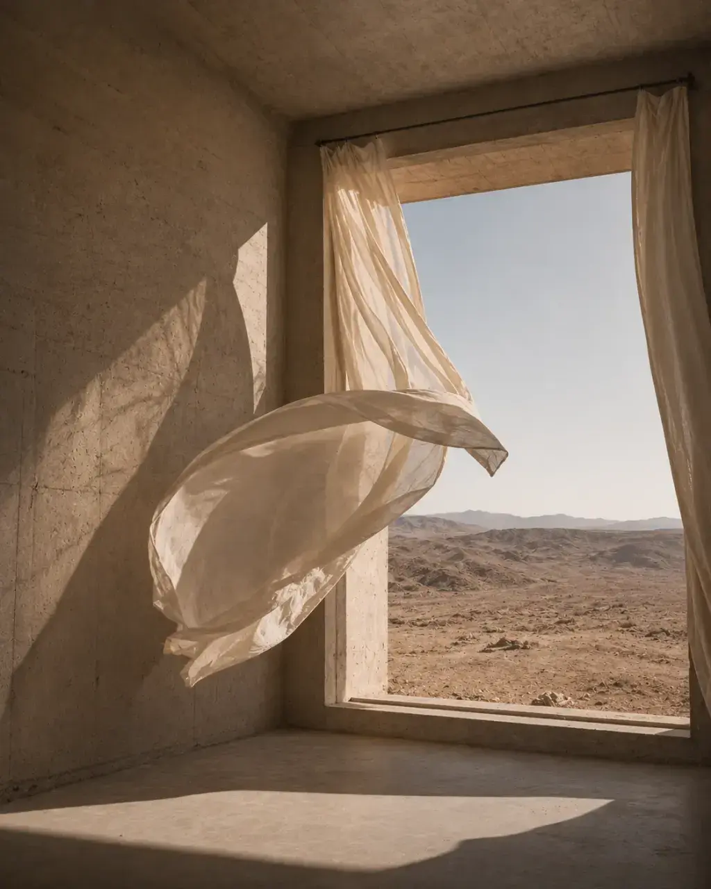 Voile beige flottant devant fenêtre ouverte sur désert – béton brut, lumière naturelle, paysage aride