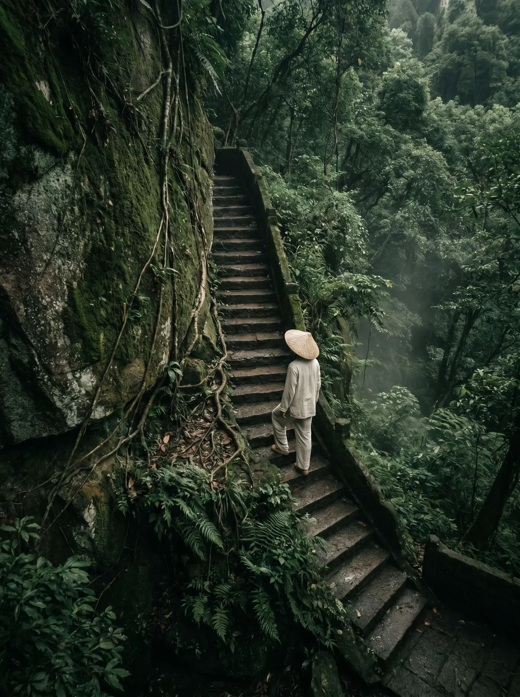 Voyageur gravissant escaliers en pierre dans forêt tropicale dense – brume, végétation luxuriante