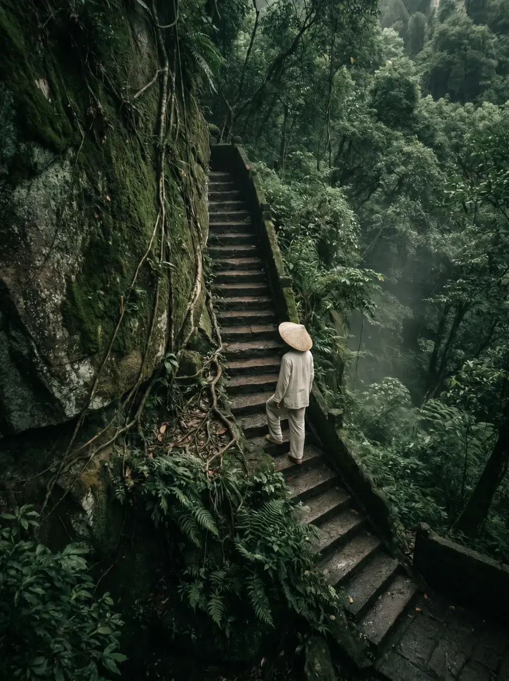 Voyageur gravissant escaliers en pierre dans forêt tropicale dense – brume, végétation luxuriante