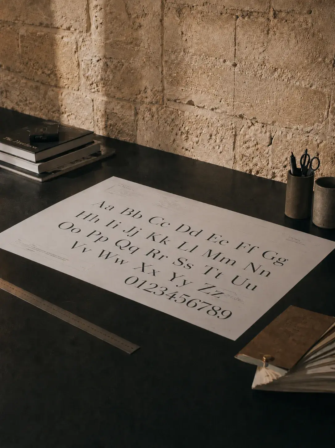 Vue à plat – affiche typographique, alphabet sérif, table sombre