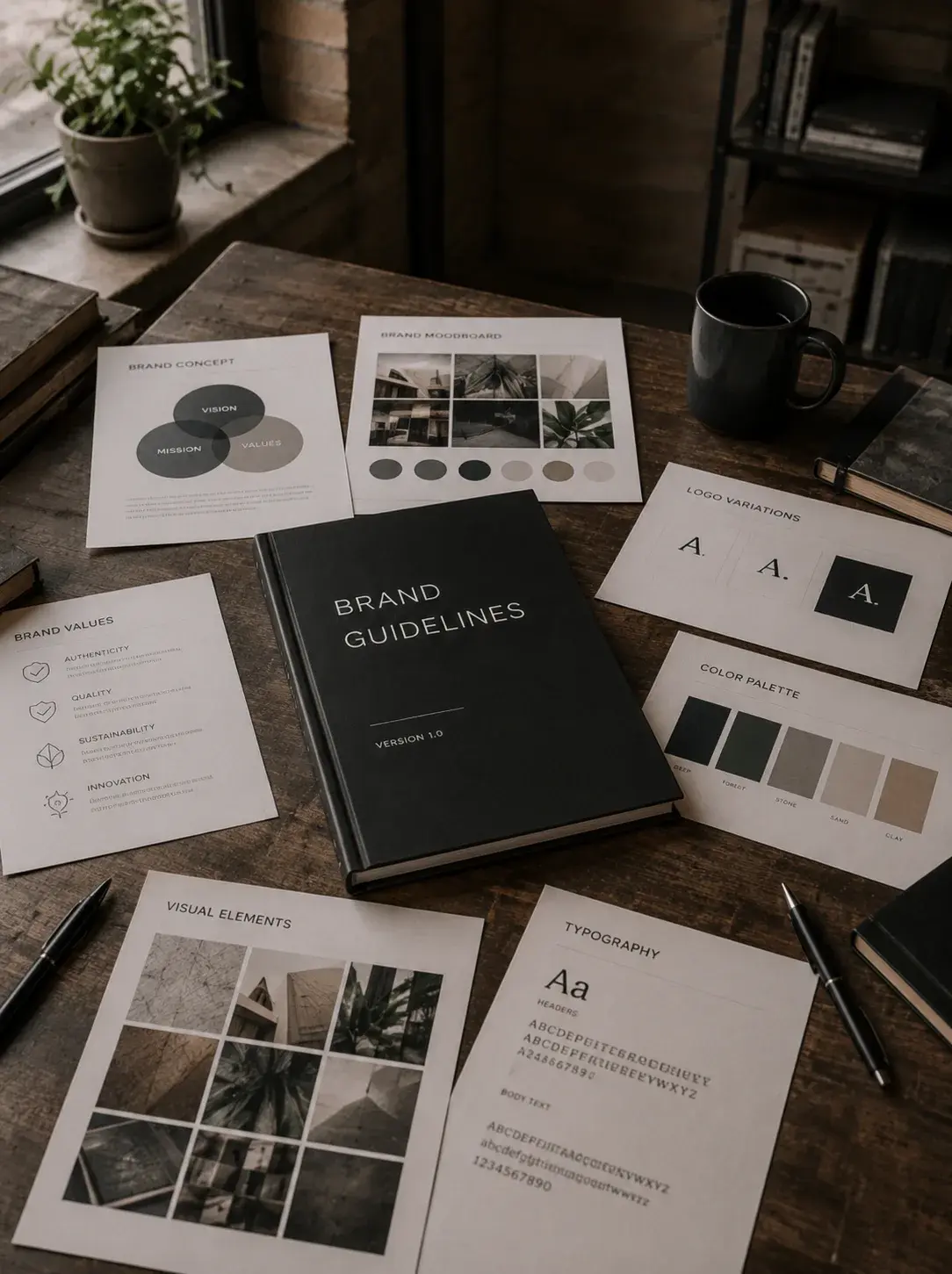 Vue à plat – charte graphique complète, documents éparpillés, table bois