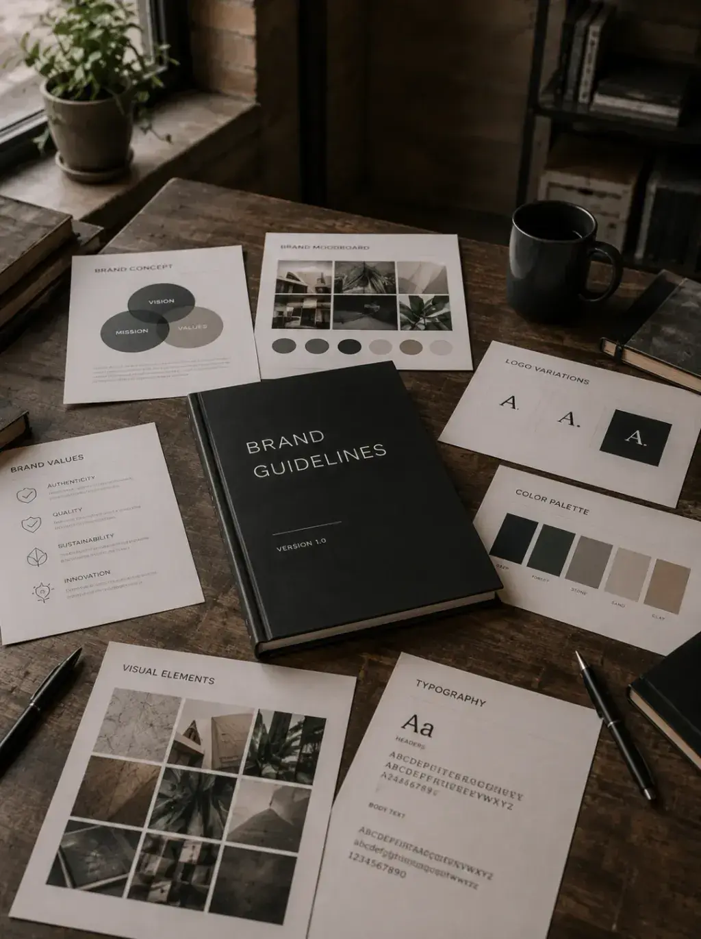 Vue à plat – charte graphique complète, documents éparpillés, table bois
