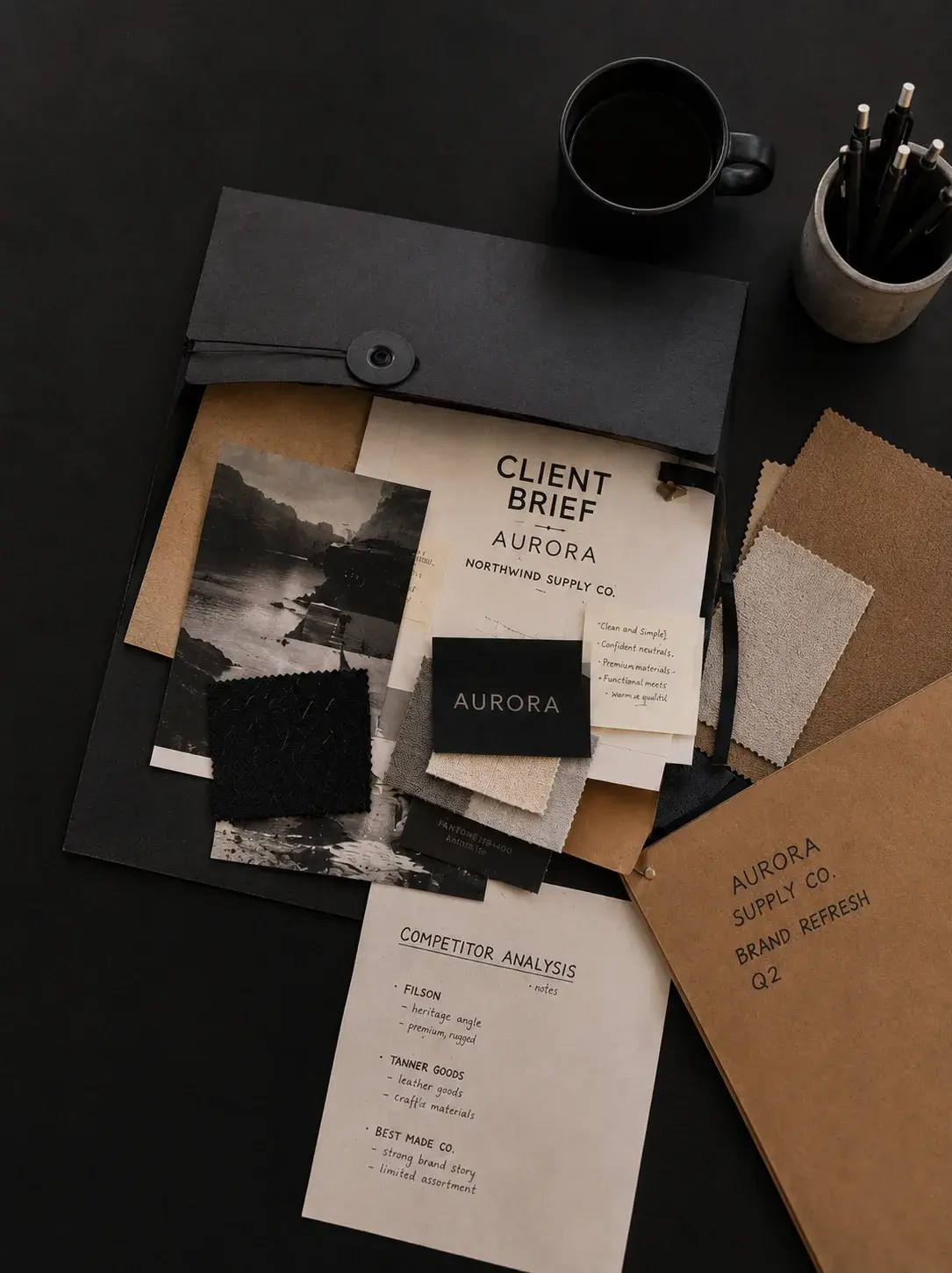 Vue à plat – dossier client, documents stratégiques, table noire
