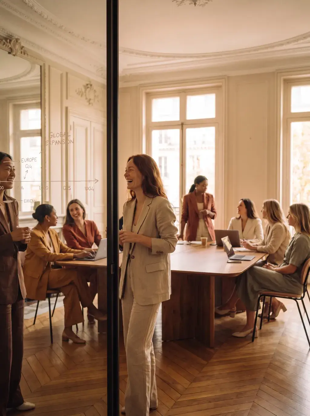 Vue à travers une vitre d'une réunion d'équipe dans un bureau haussmannien parisien