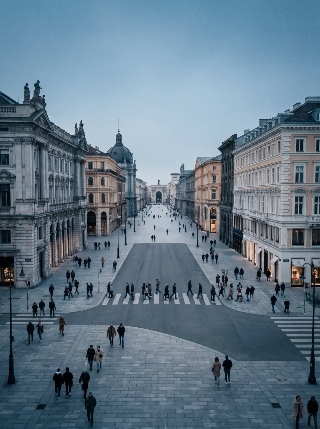 Vue aérienne d'une avenue européenne animée avec perspective vers un arc de triomphe et dôme