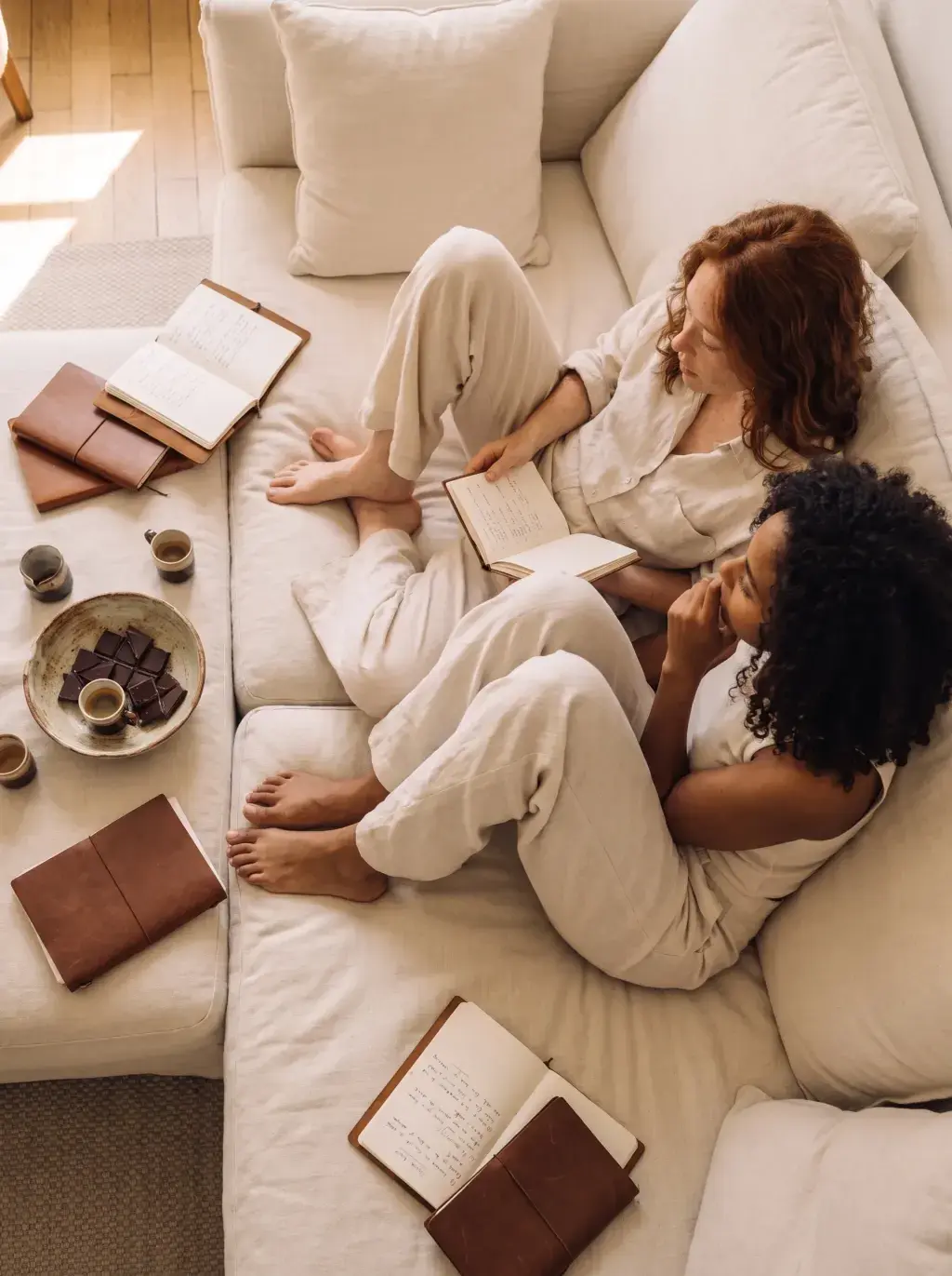 Vue aérienne de deux femmes décontractées lisant sur un canapé avec livres et chocolat