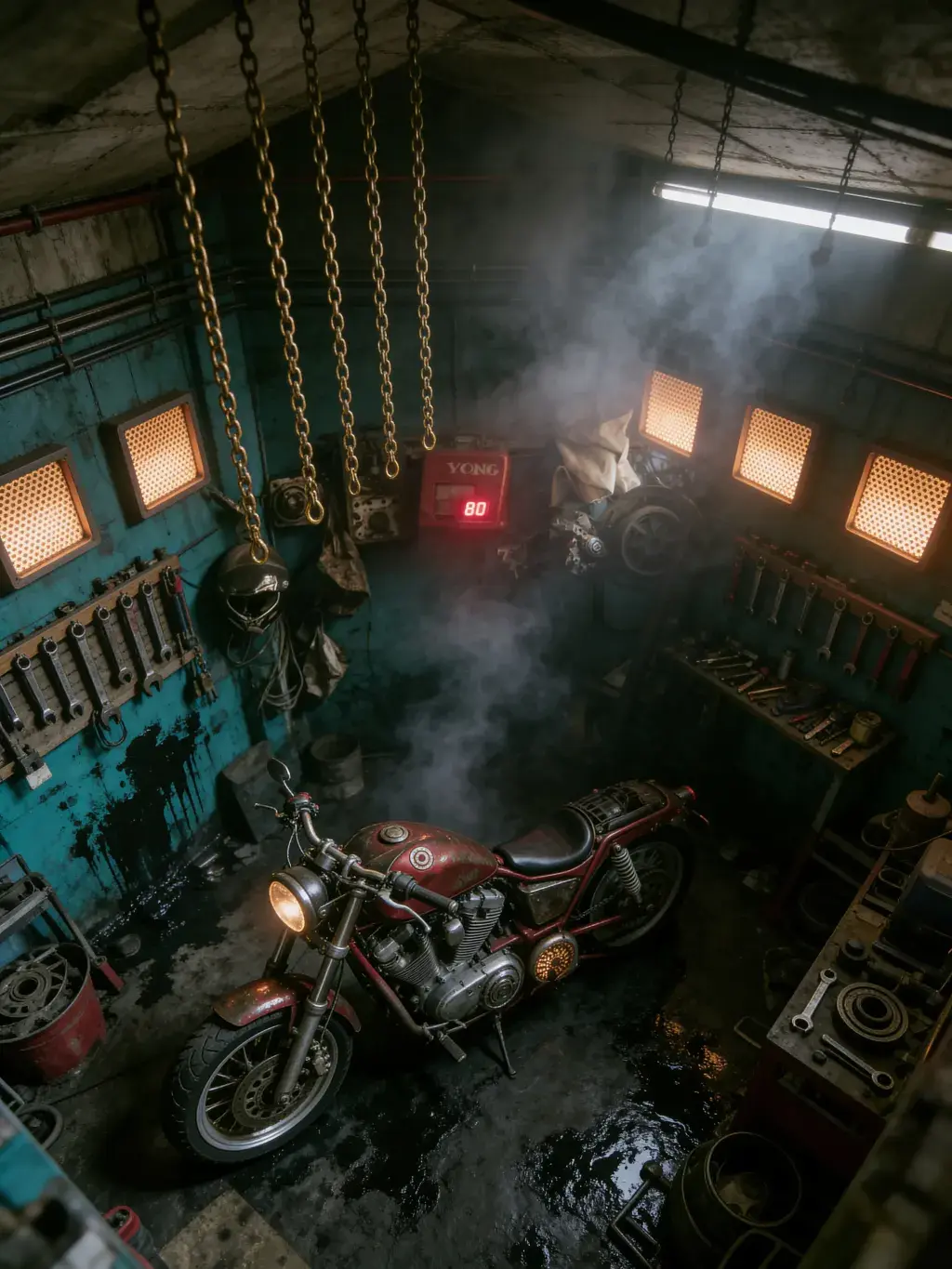 Vue aérienne de la moto custom rouge dans l'atelier YONG avec chaînes suspendues et vapeur