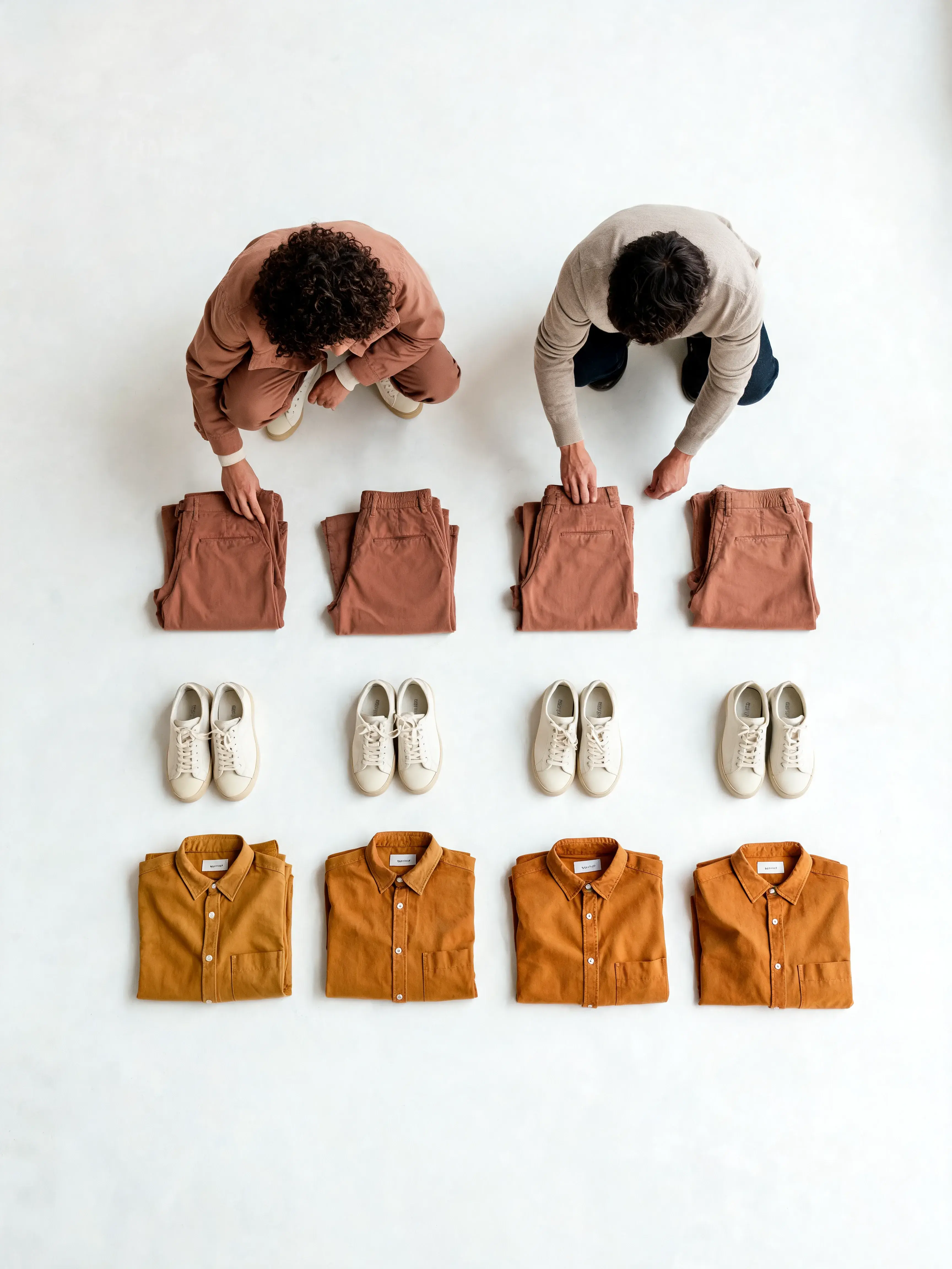 Vue aérienne – deux personnes pliant vêtements, pantalons chemises sneakers, fond blanc épuré
