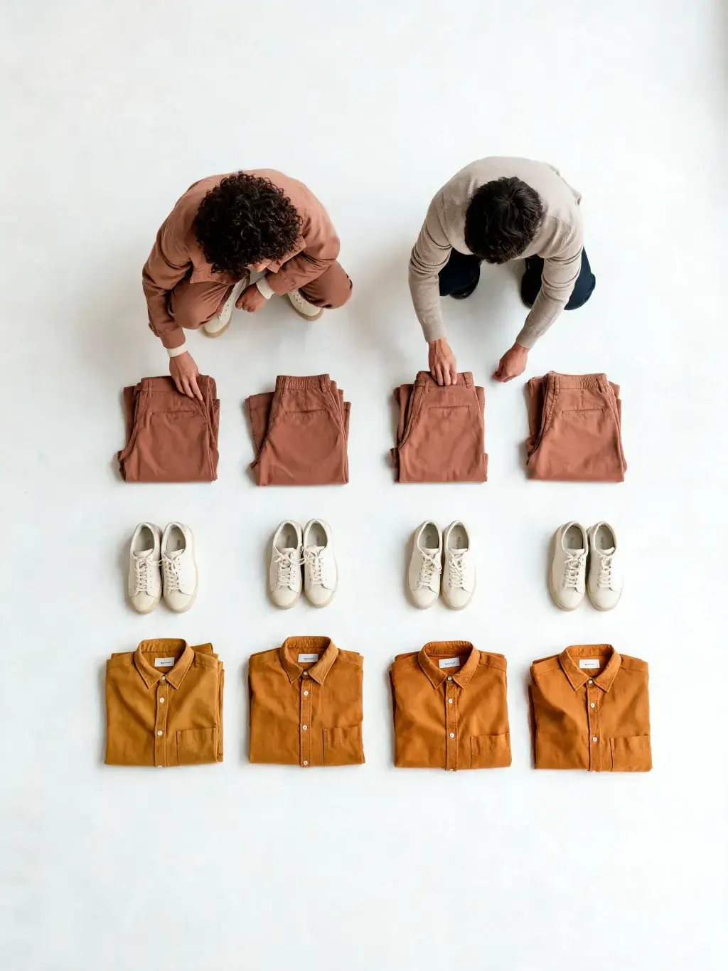 Vue aérienne – deux personnes pliant vêtements, pantalons chemises sneakers, fond blanc épuré