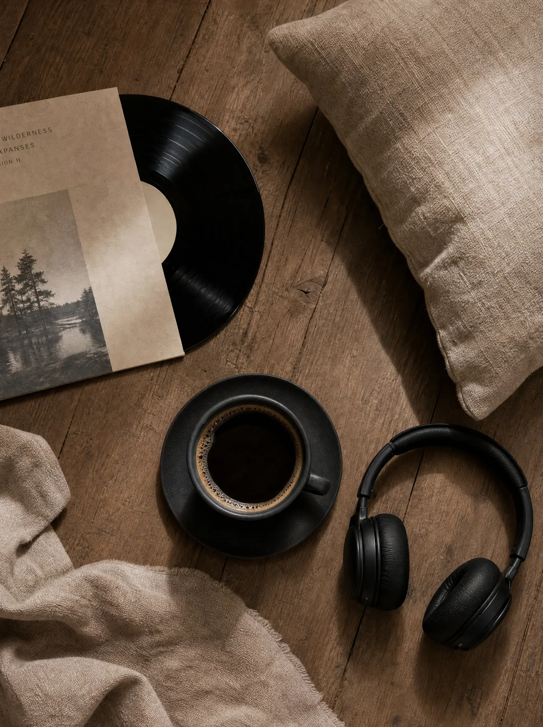 Vue aérienne – disque vinyle, casque audio, tasse café noire, linge beige, plancher bois