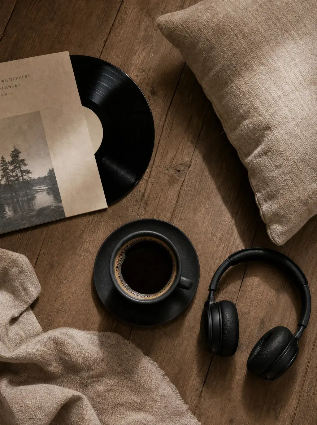 Vue aérienne – disque vinyle, casque audio, tasse café noire, linge beige, plancher bois