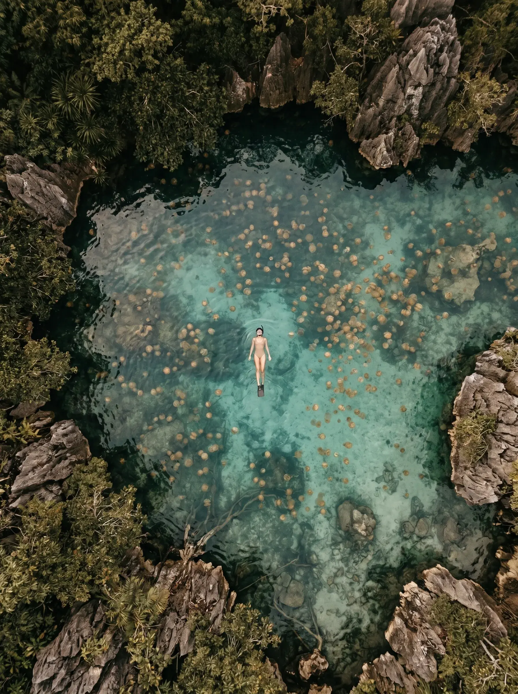 Vue aérienne drone sur femme nageant dans lagon turquoise entouré de rochers calcaires et méduses dorées, Coron Philippines