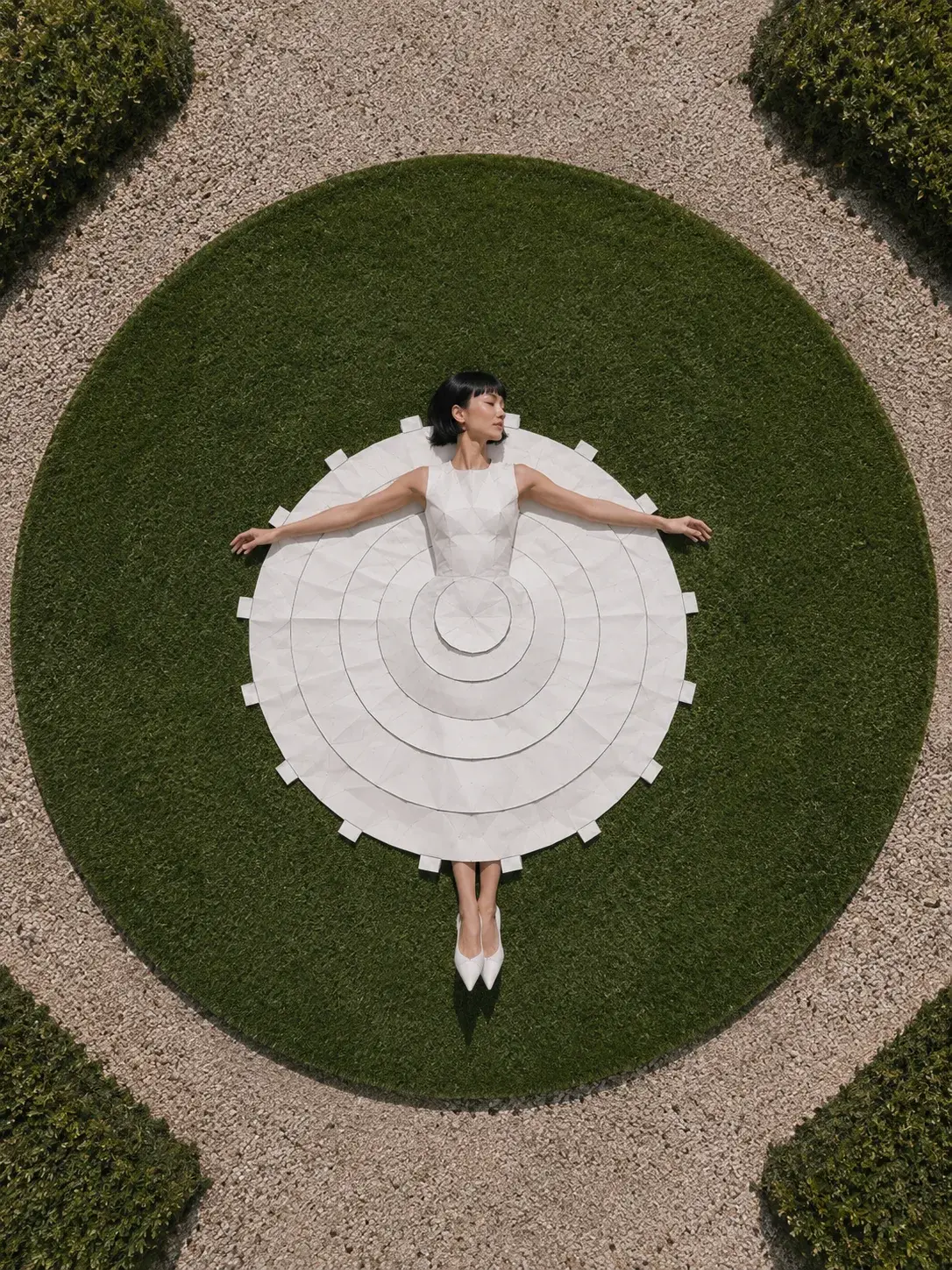 Vue aérienne femme en robe origami allongée sur pelouse ronde – graviers et buis