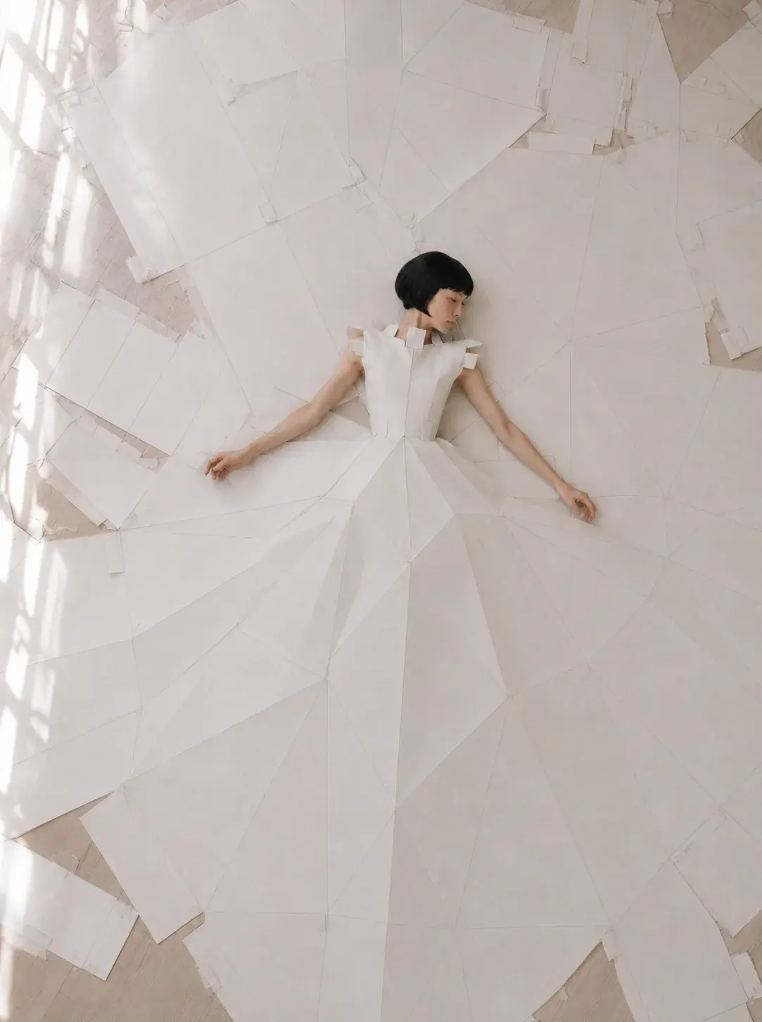 Vue aérienne femme en robe origami allongée sur sol de papiers déchirés – studio lumière rasante