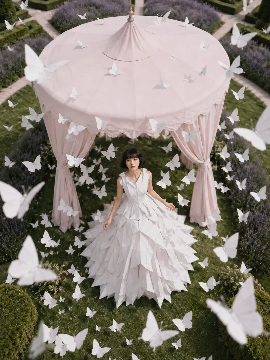 Vue aérienne femme en robe origami sous pavillon rose – papillons et jardin à la française
