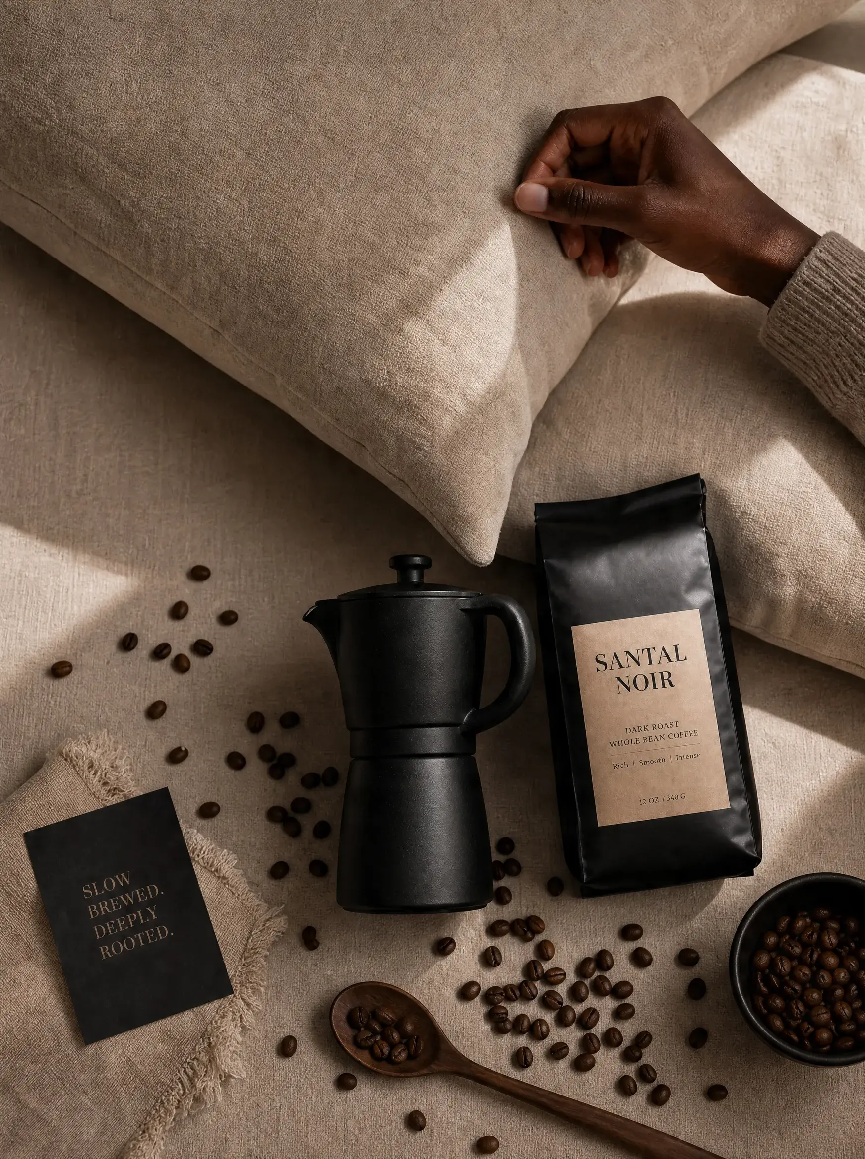 Vue aérienne lit – main, sachet café artisanal noir, cafetière moka, cuillère grains, lin beige