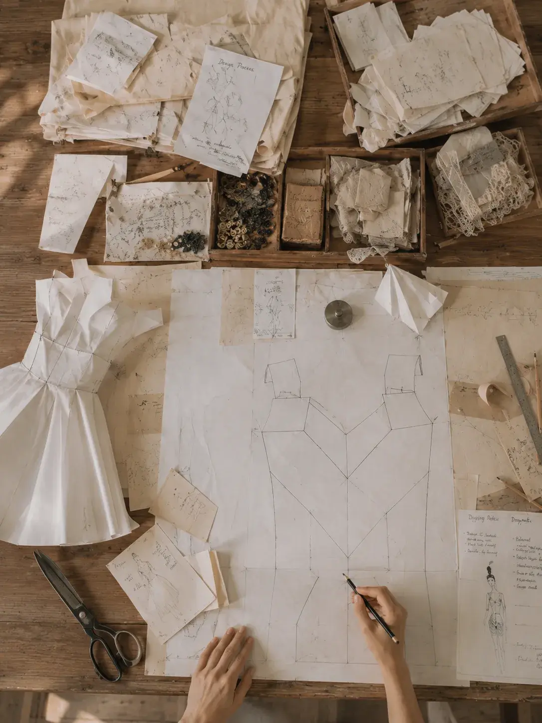 Vue aérienne mains travaillant sur patron de robe – table avec maquette origami, croquis et ciseaux