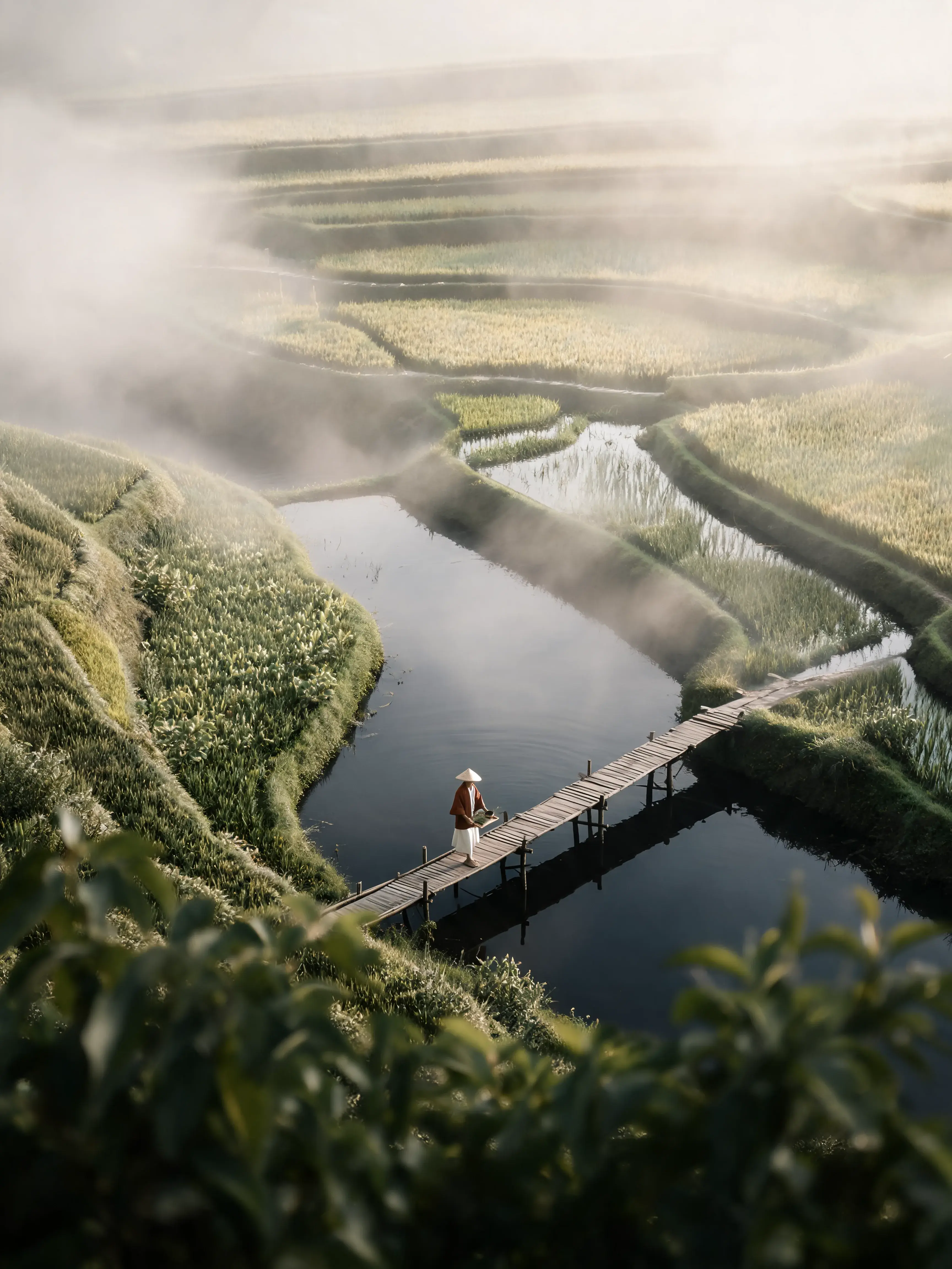 Vue aérienne plongeante – voyageur sur passerelle bois dans marais verdoyants brumeux, Asie