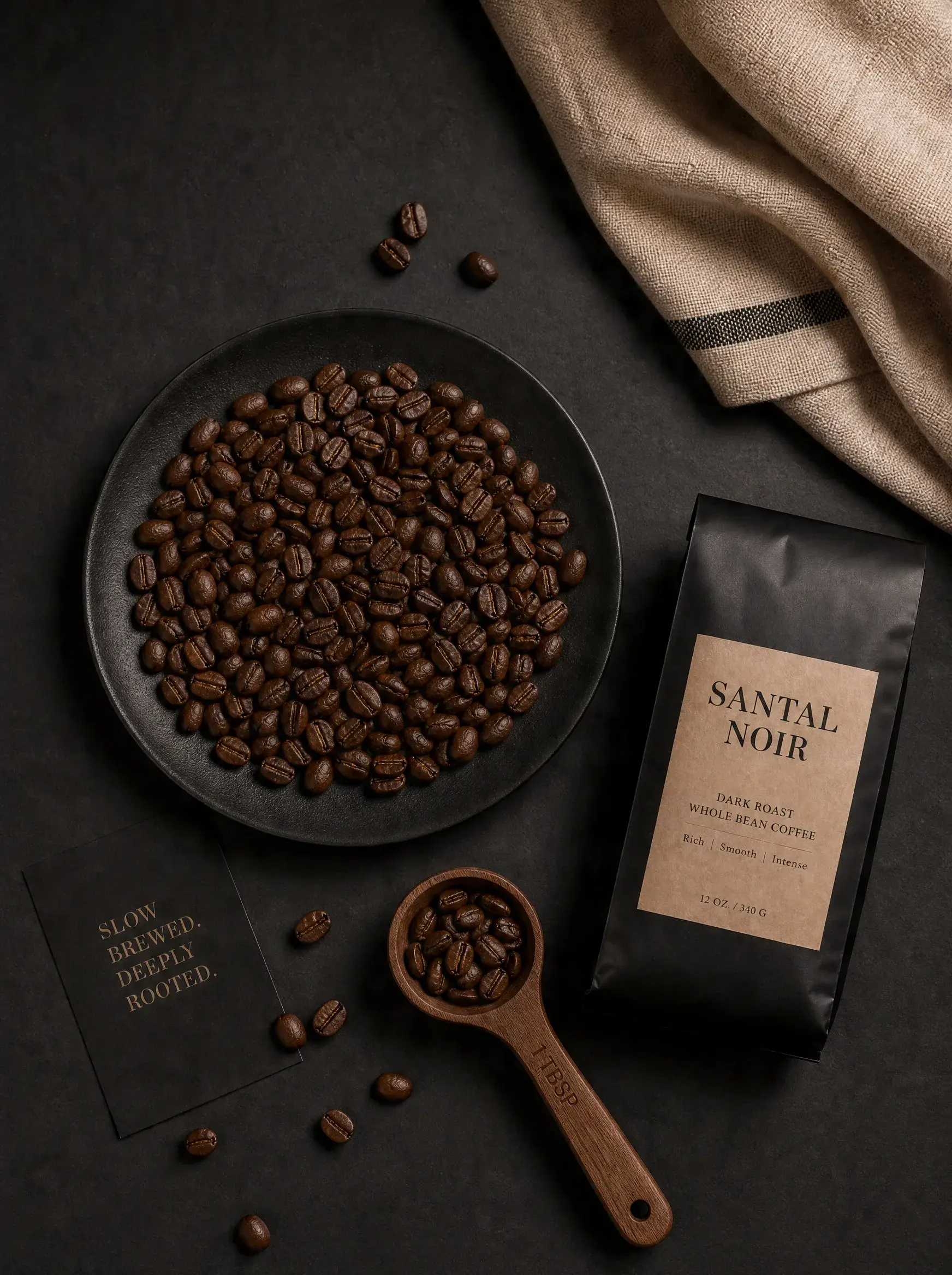 Vue aérienne sombre – assiette grains café, sachet artisanal, cuillère doseur, jute, fond noir