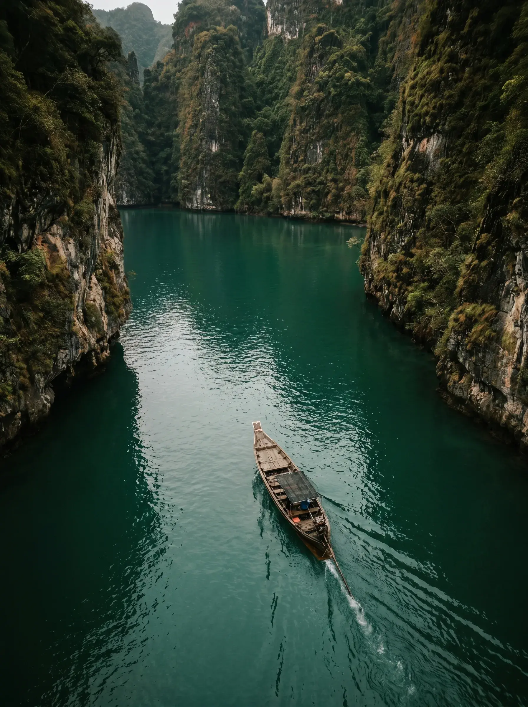 Vue aérienne sur bateau long-tail en bois naviguant sur chenal d'eau vert émeraude entre deux falaises karstiques tropicales, Khao Sok Thaïlande