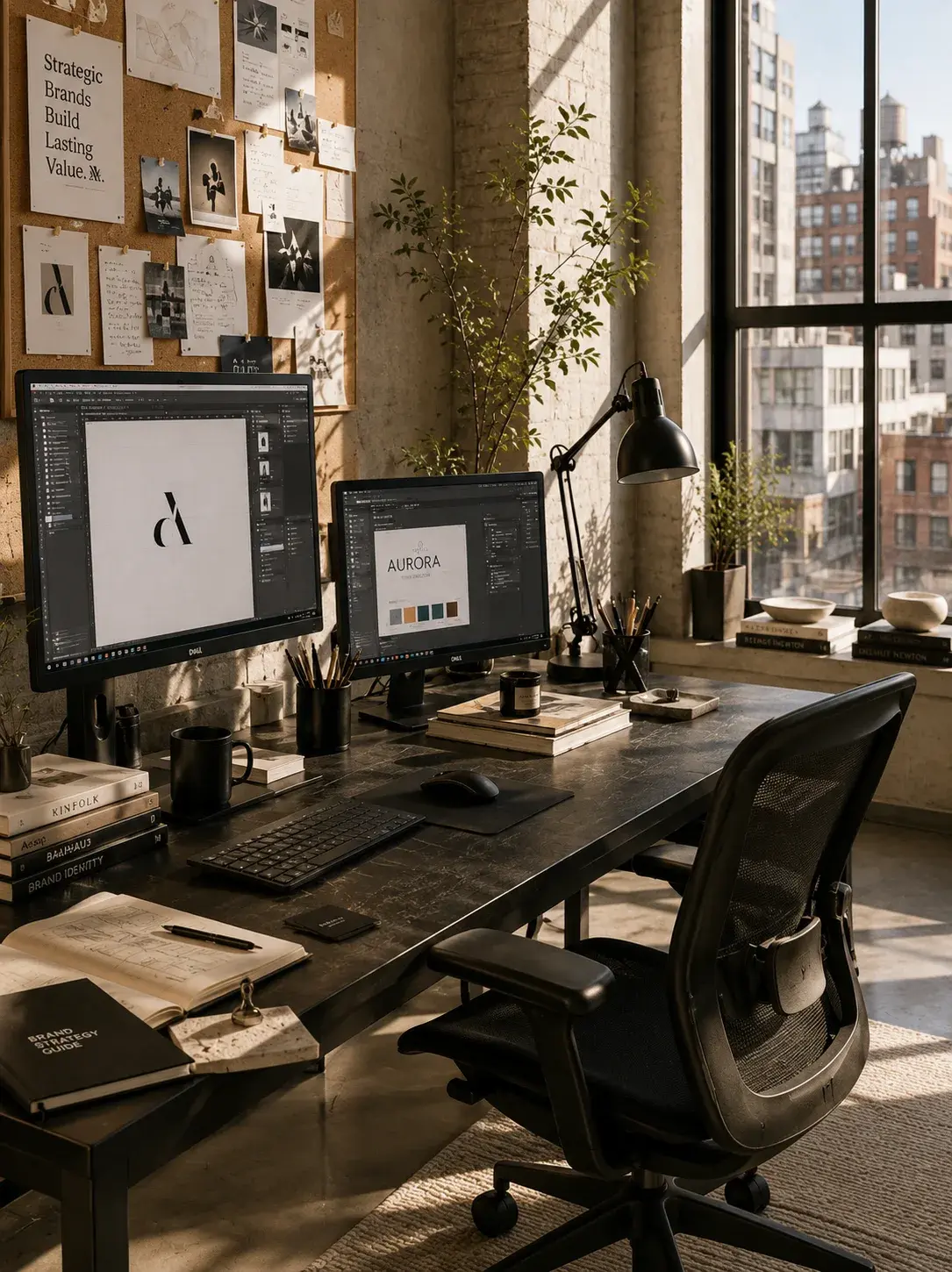 Vue d'ensemble de bureau de studio de design vide avec double écran (logo Aurora + lettre a), mur de liège et lumière dorée
