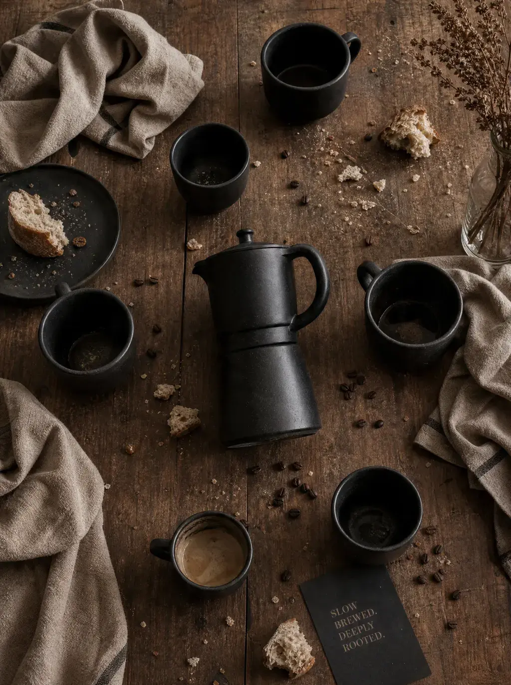 Vue de dessus – cafetière moka, six mugs noirs, pain, nappe lin sur table bois rustique