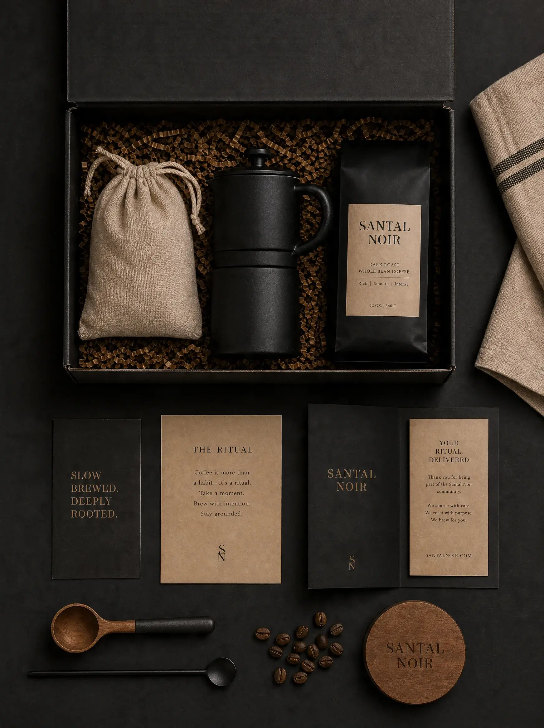 Vue de dessus coffret cadeau café complet – boîte noire, sachet artisanal, mug, pochon, cartes, cuillère