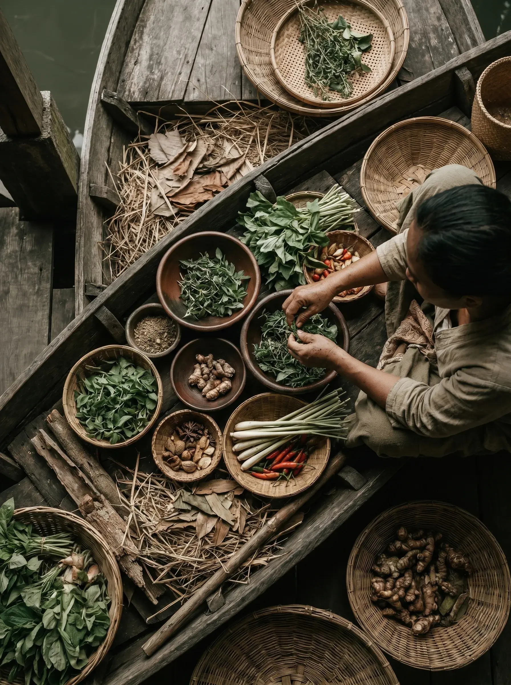 Vue de dessus marché flottant – femme triant légumes et épices dans barque bois, Asie du Sud-Est