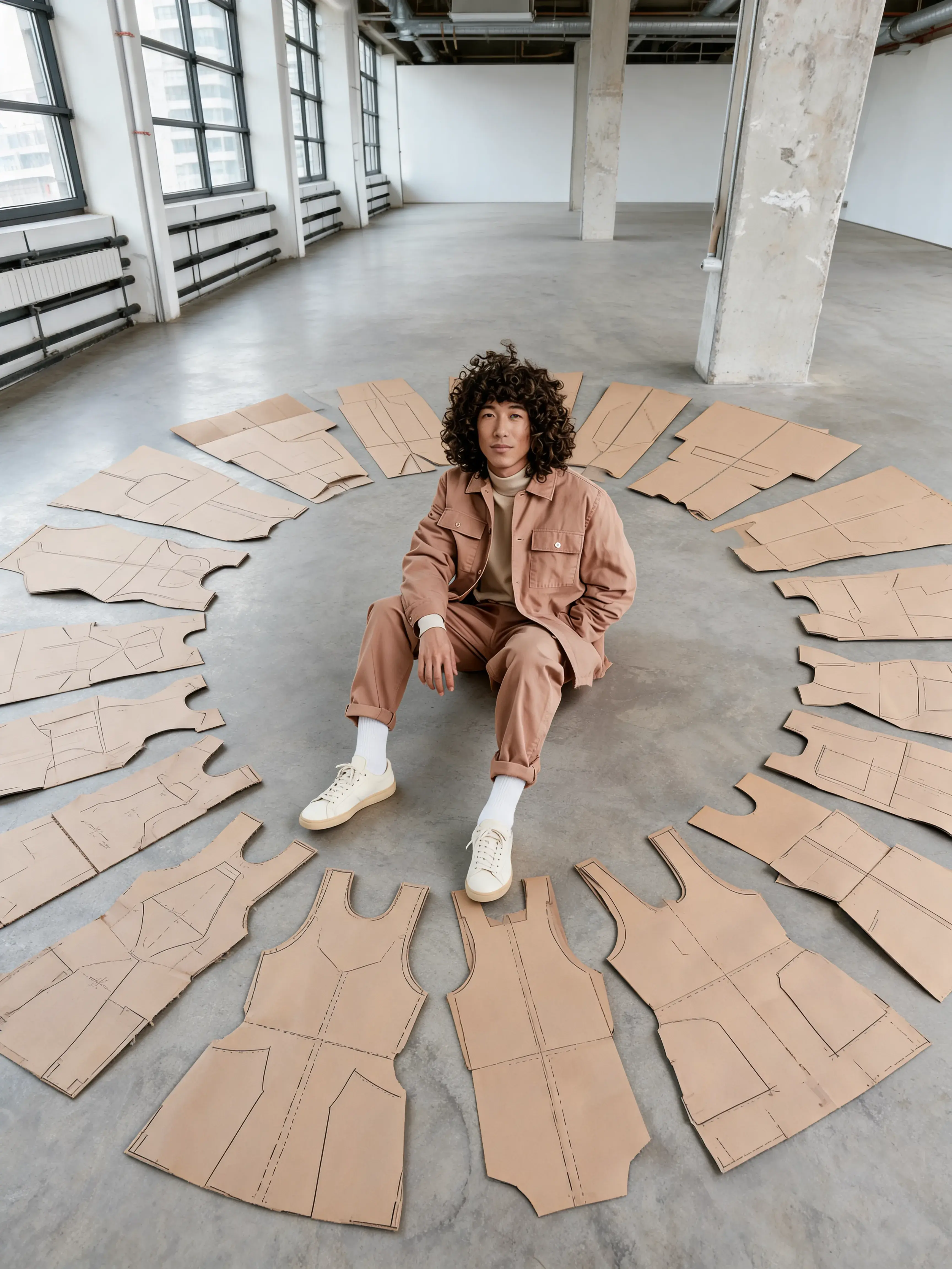 Vue de dessus – styliste assis parmi patrons couture papier kraft, cercle, loft lumineux