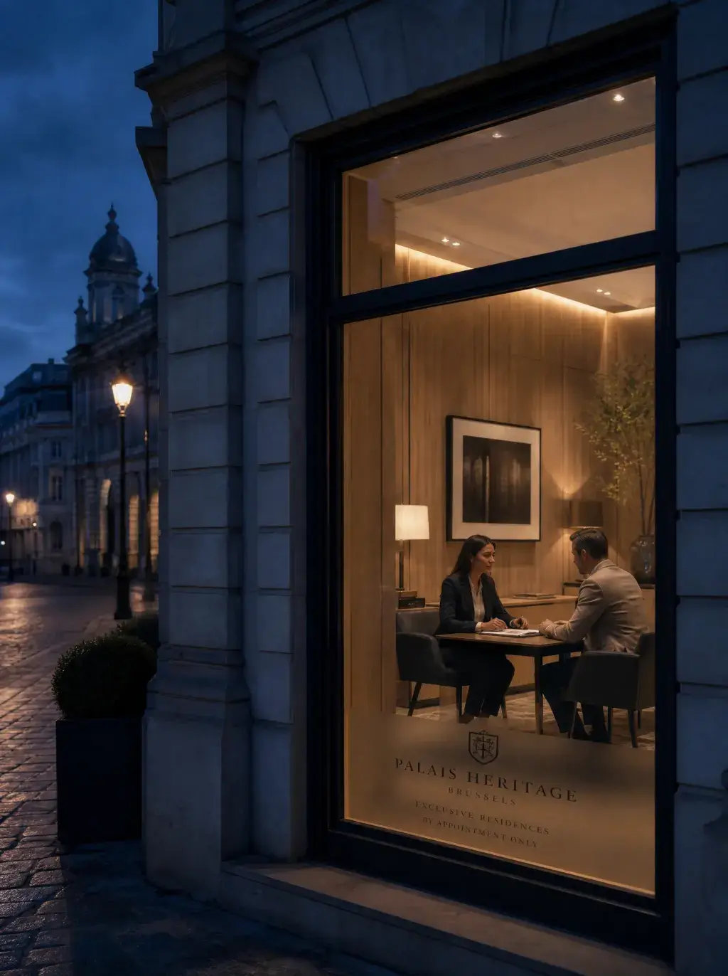 Vue de nuit depuis la rue vers un bureau Palais Heritage éclairé avec agent et client en réunion