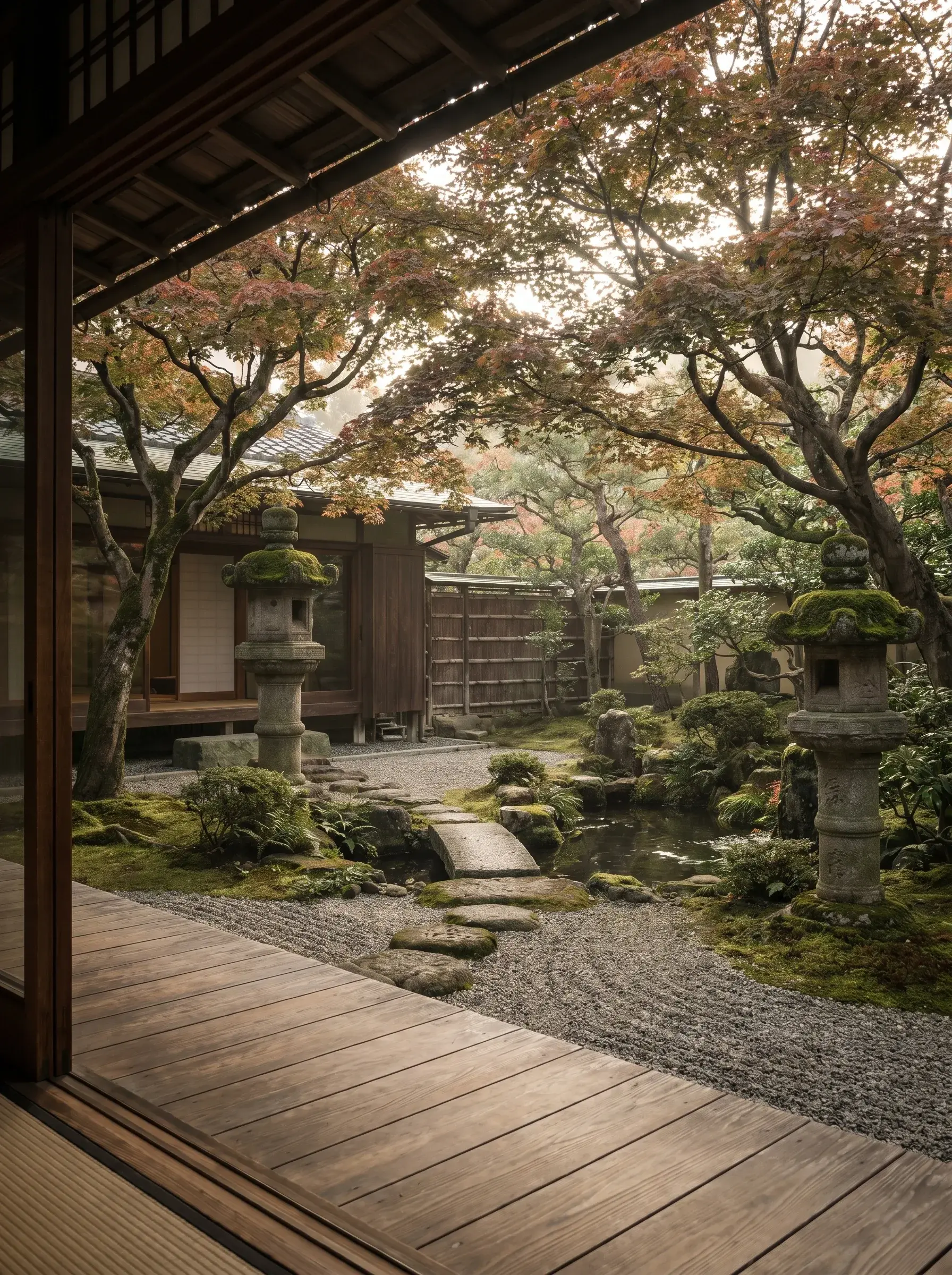 Vue depuis intérieur sur jardin zen japonais automnal avec lanternes en pierre, érable rouge et gravier ratissé